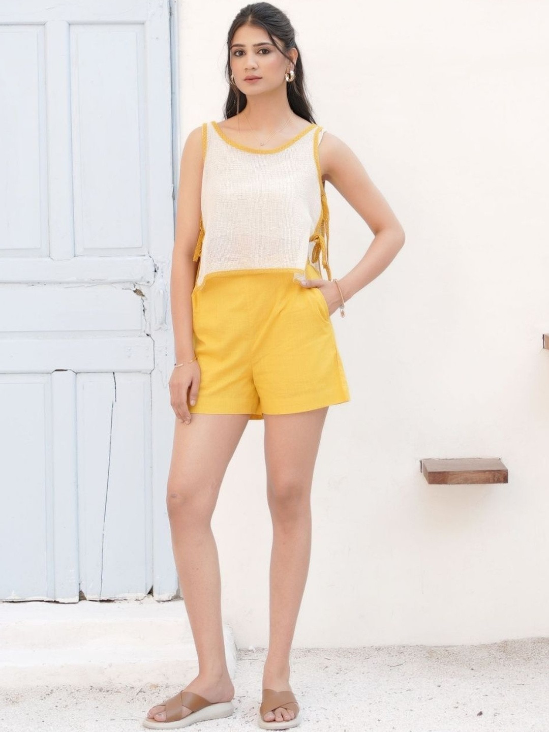TRUE TONES Women Self Design Round Neck Sleeveless Tie-Ups Crop Twin Off Top