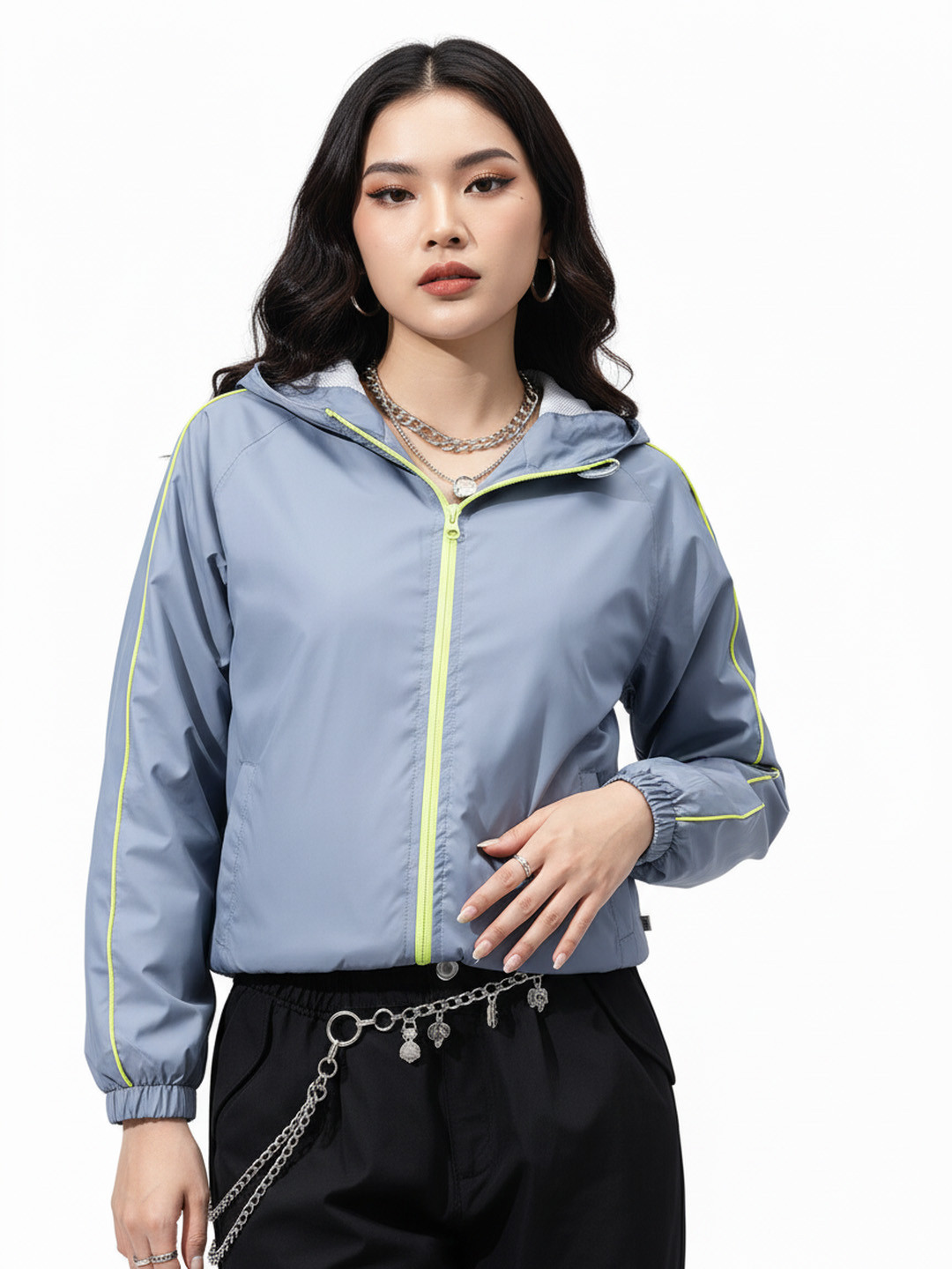 glitchez Hooded Contrast Piping Detail Raglan Sleeves Packable Windcheater Jacket