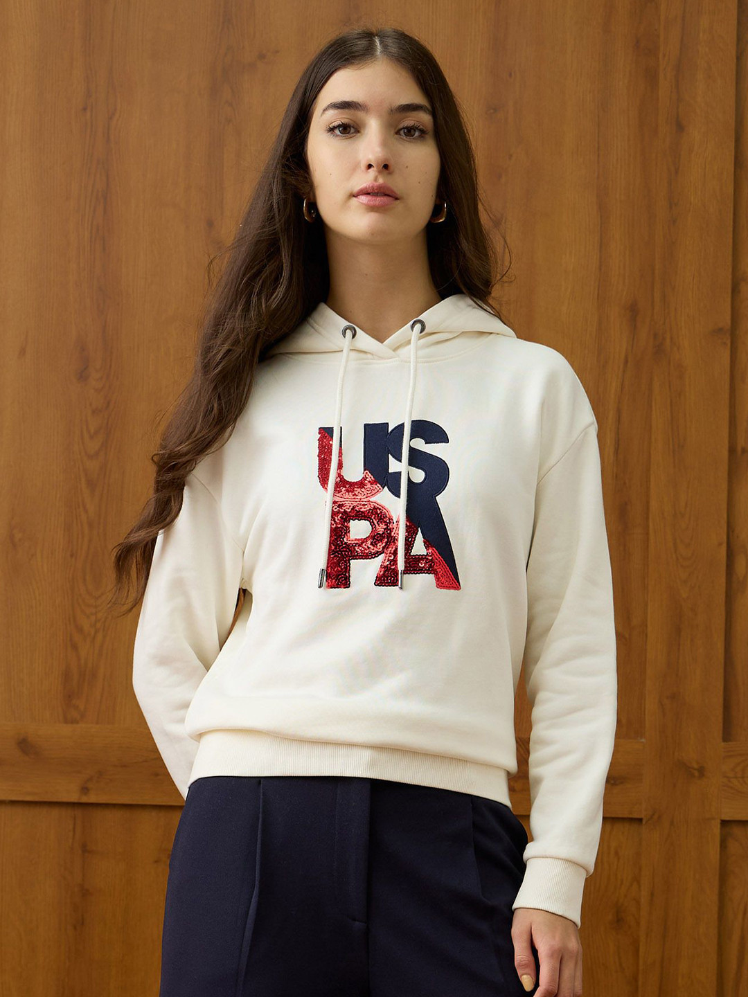 U.S. Polo Assn. Women Graphic Printed Hooded Long Sleeves Sweatshirt