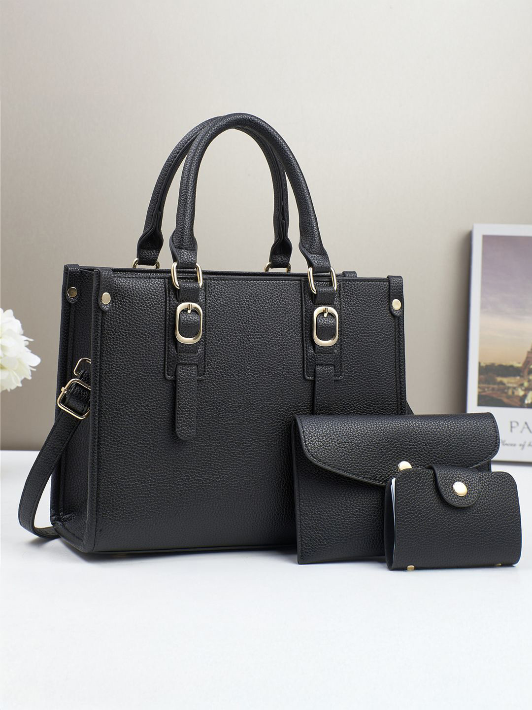 StyleCast Black & Gold Toned Textured Shopper Shoulder Bag With Buckle Detail