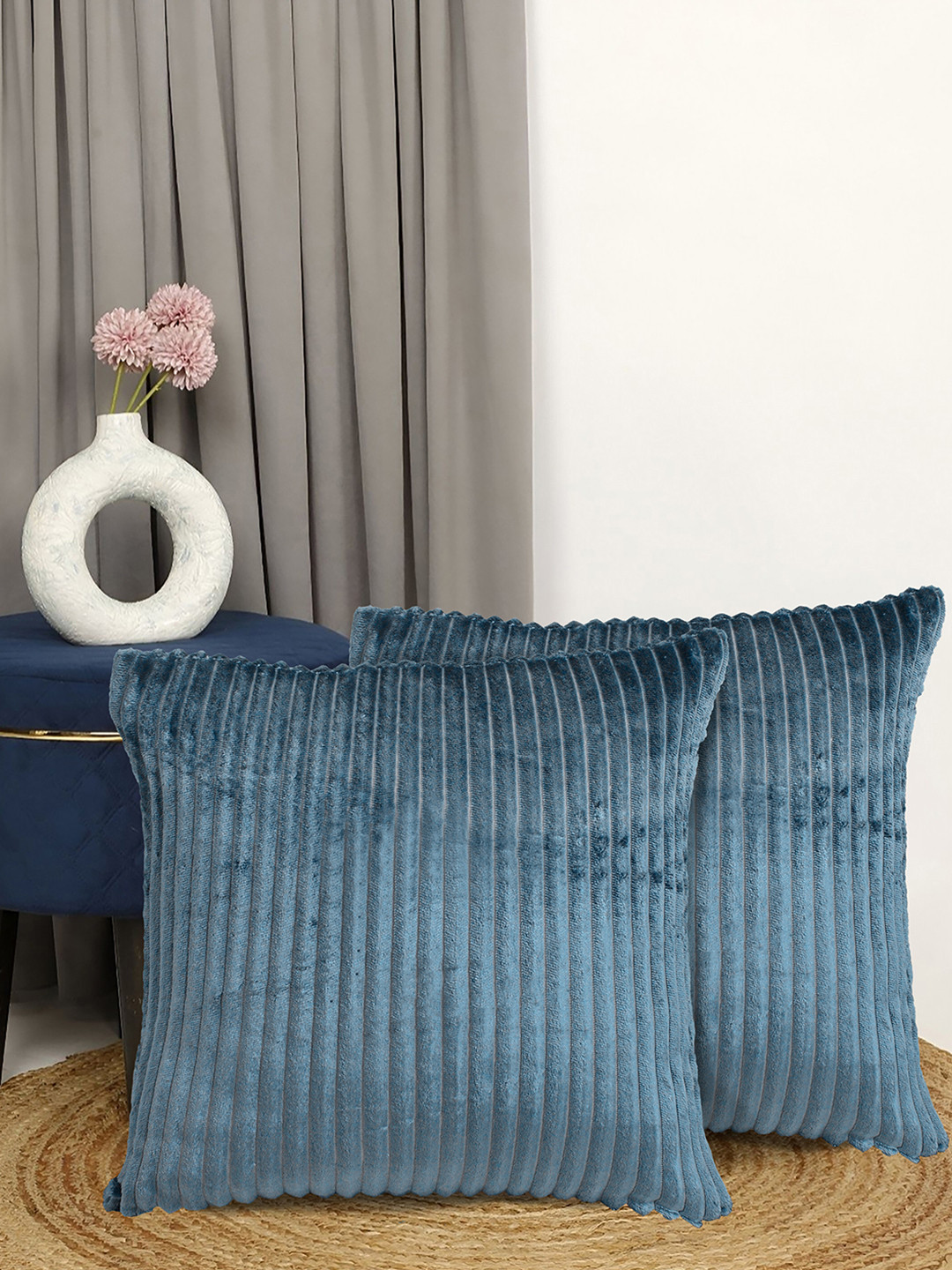 Arrabi Blue Pack of 2 Solid Filano Woolen Cushion Covers