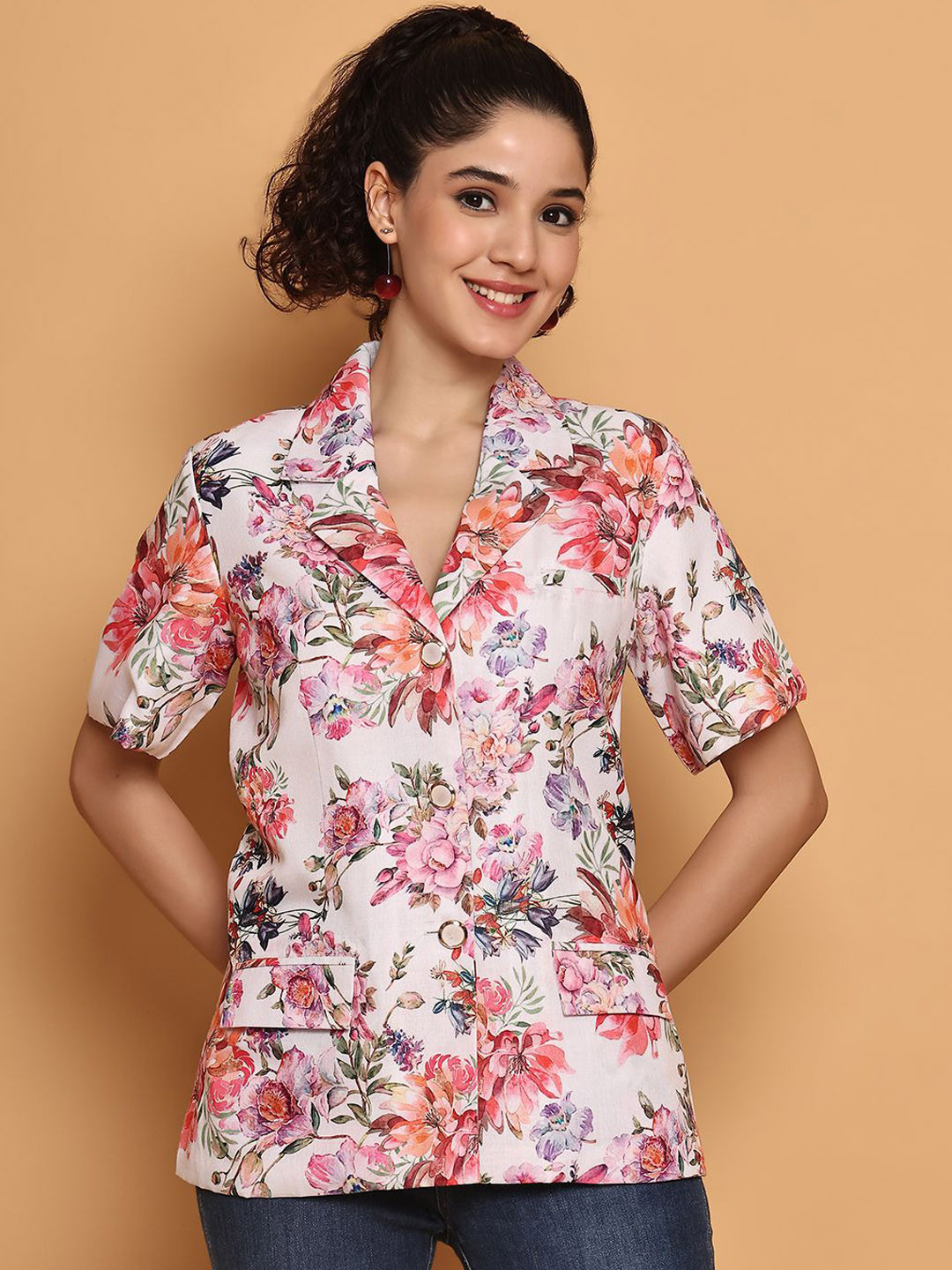 BLANC9 Women Floral Printed Nocth Lapel Collar Blazer Shirt-Style Shirt