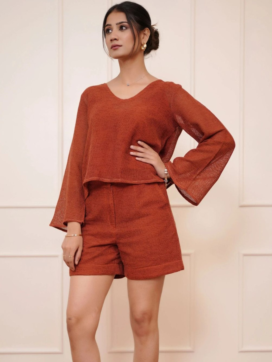 TRUE TONES Women Textured V-Neck Flared Sleeve Semi Sheer Top