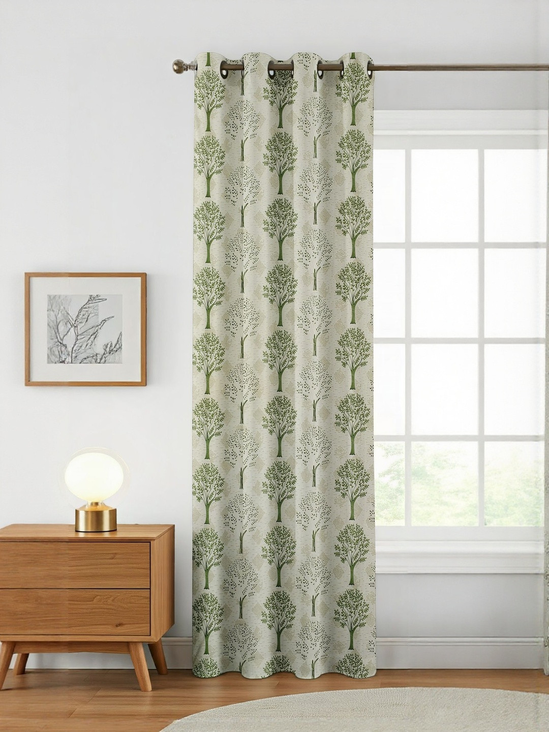 GEET CREATIONS Sprit-Vat Green & Cream Floral Printed Room Darkening Window Curtain