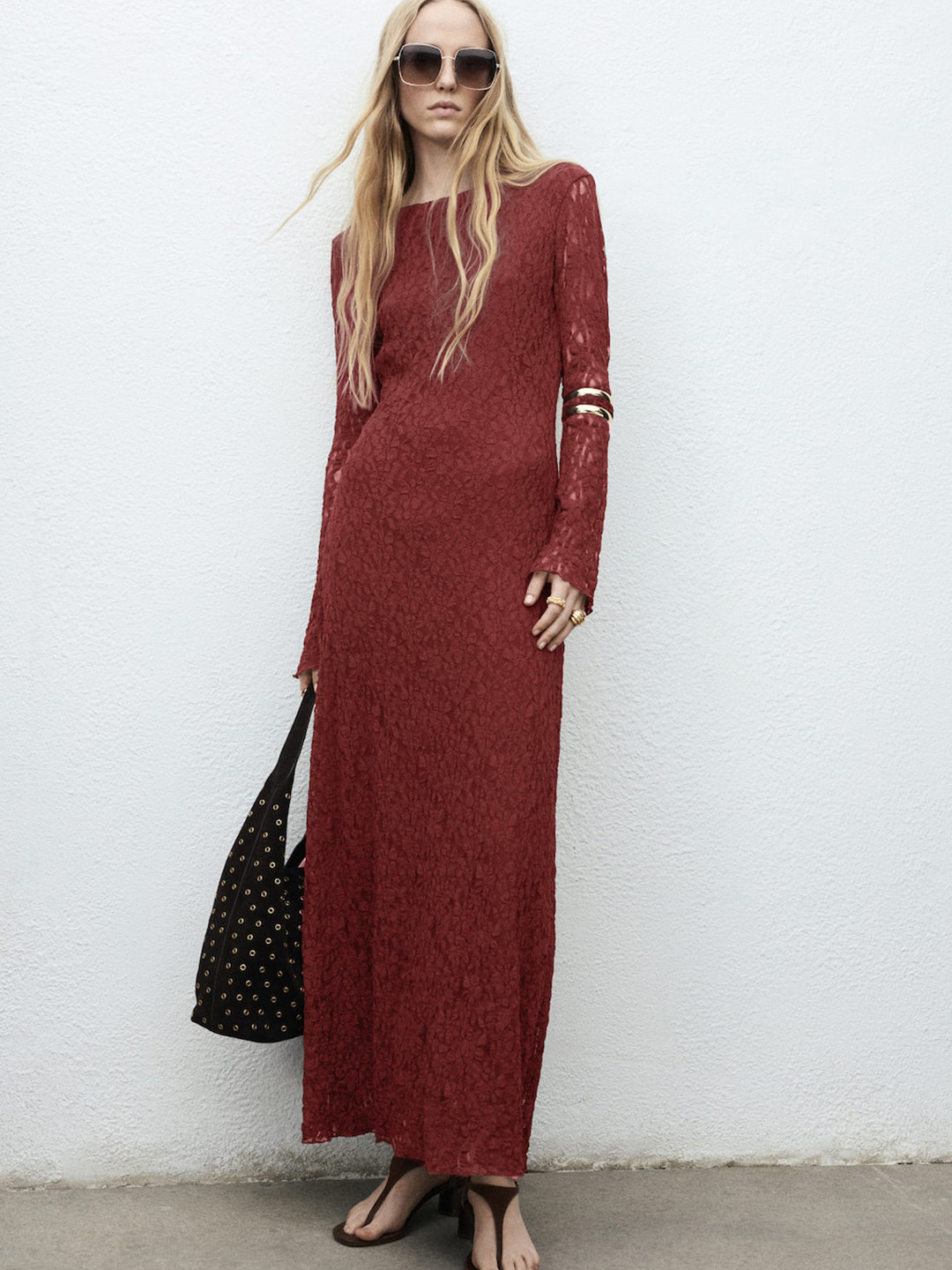 MANGO Self Design Lace Inserts Boat Neck Maxi Dress with Open Back