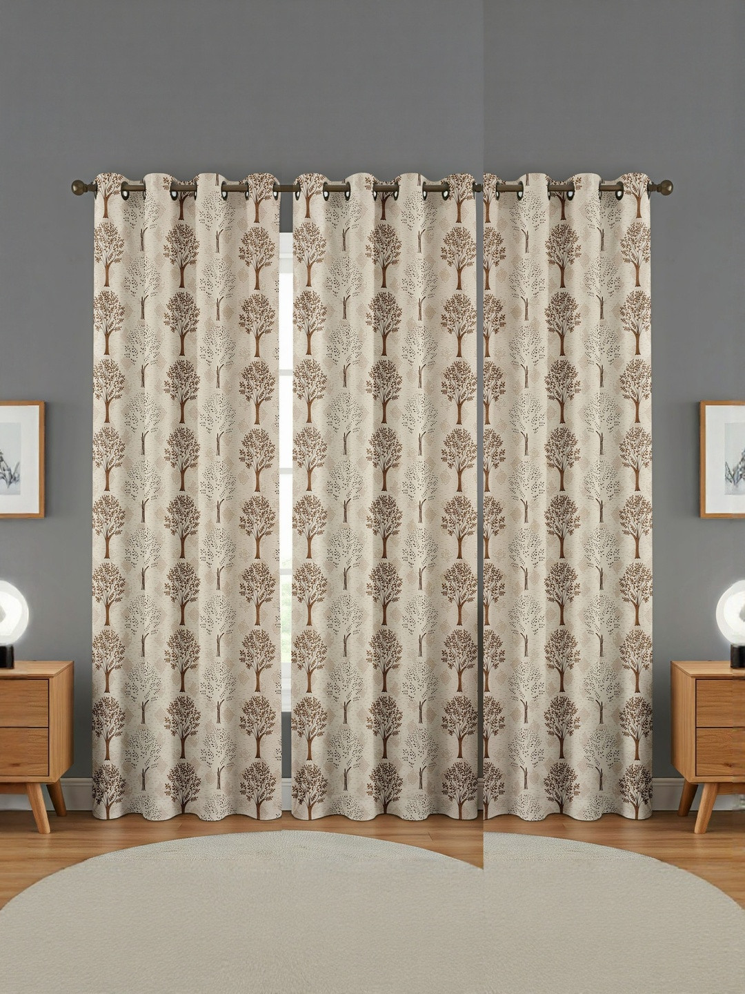 GEET CREATIONS Sprit-Vat Brown & Cream 3 Pieces Printed Room Darkening Window Curtains