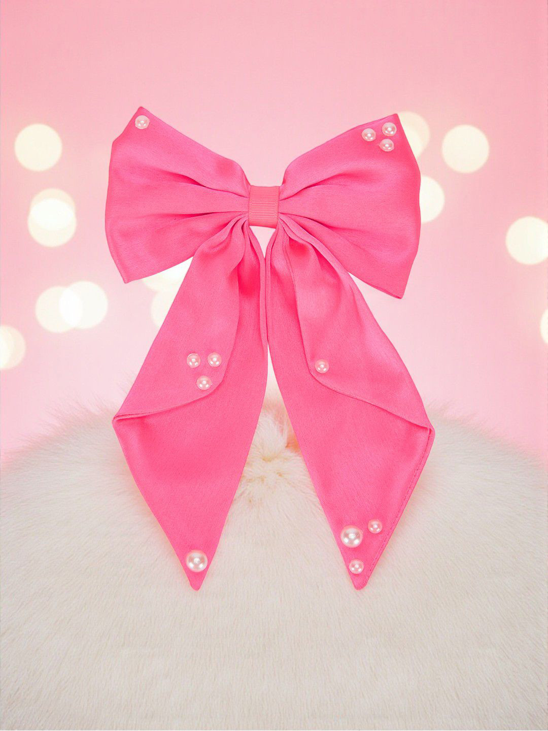 RIBBON CANDY Satin Bow Embellished With Pearls Alligator Clip