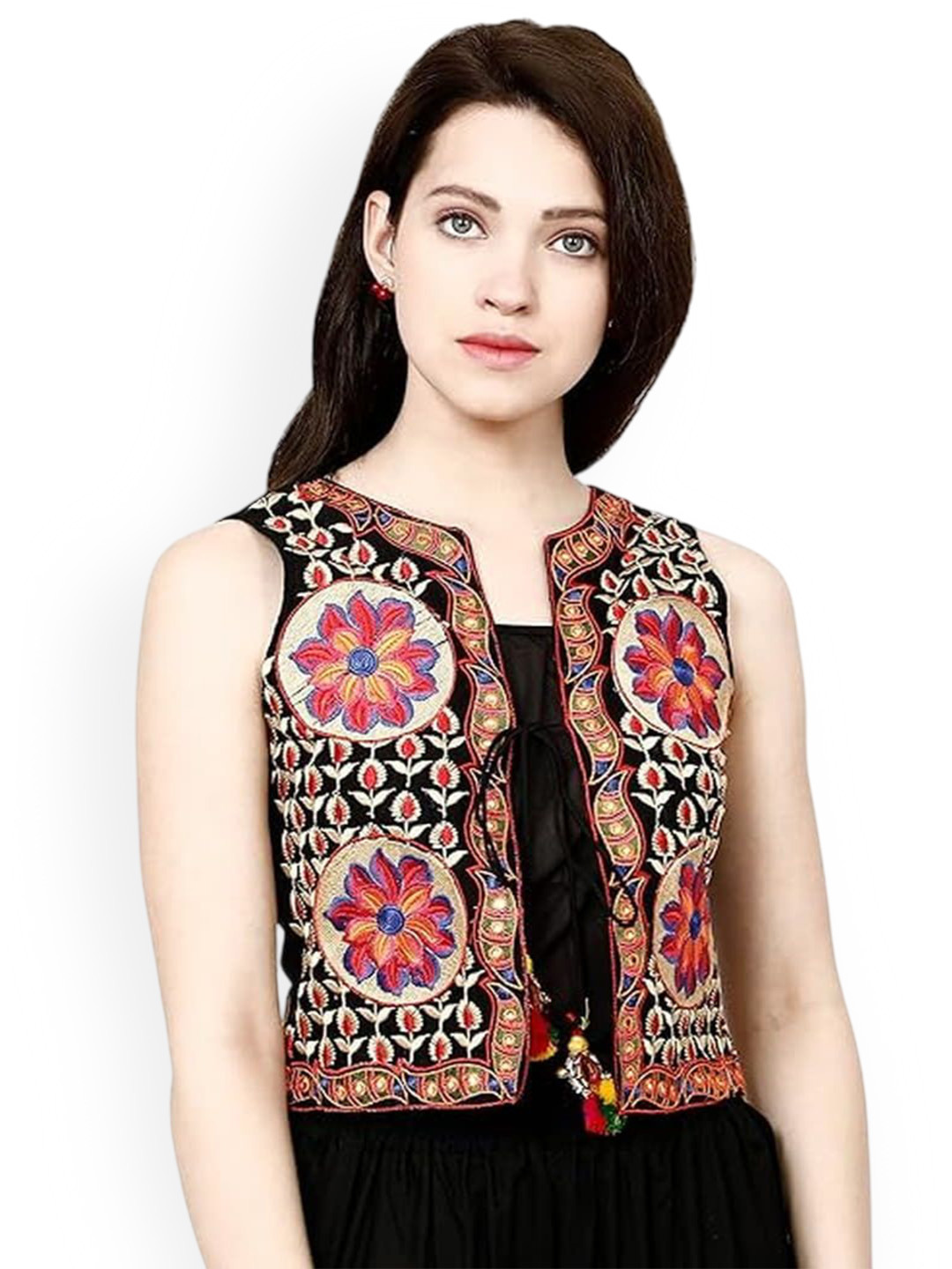 TAVAN Floral Embroidered Collarless Cotton Tailored Jacket