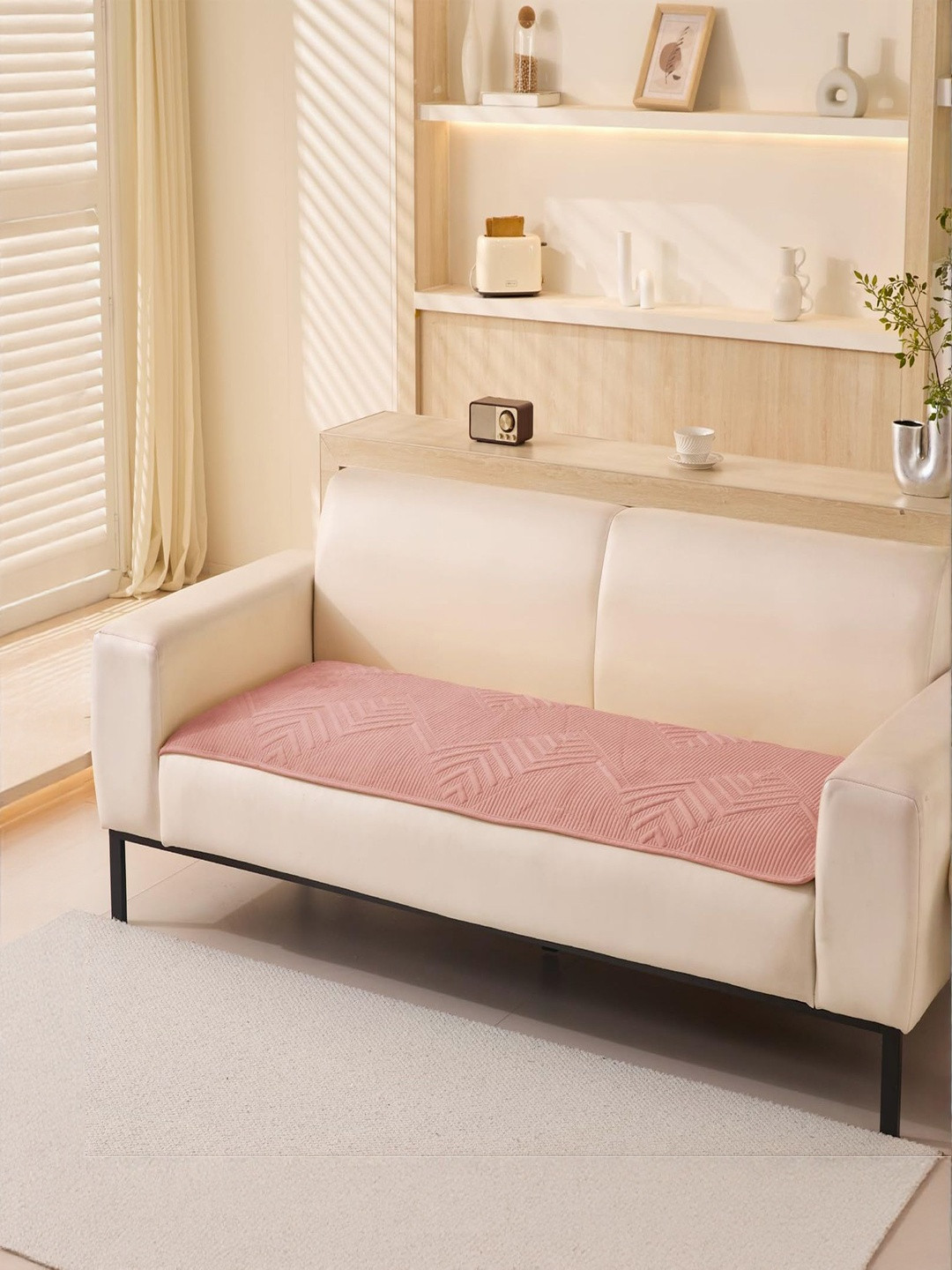 HOUSE OF QUIRK Herringbone Chenille Pink Self Design Velvet Anti-Slip 2 Seater Sofa Mat