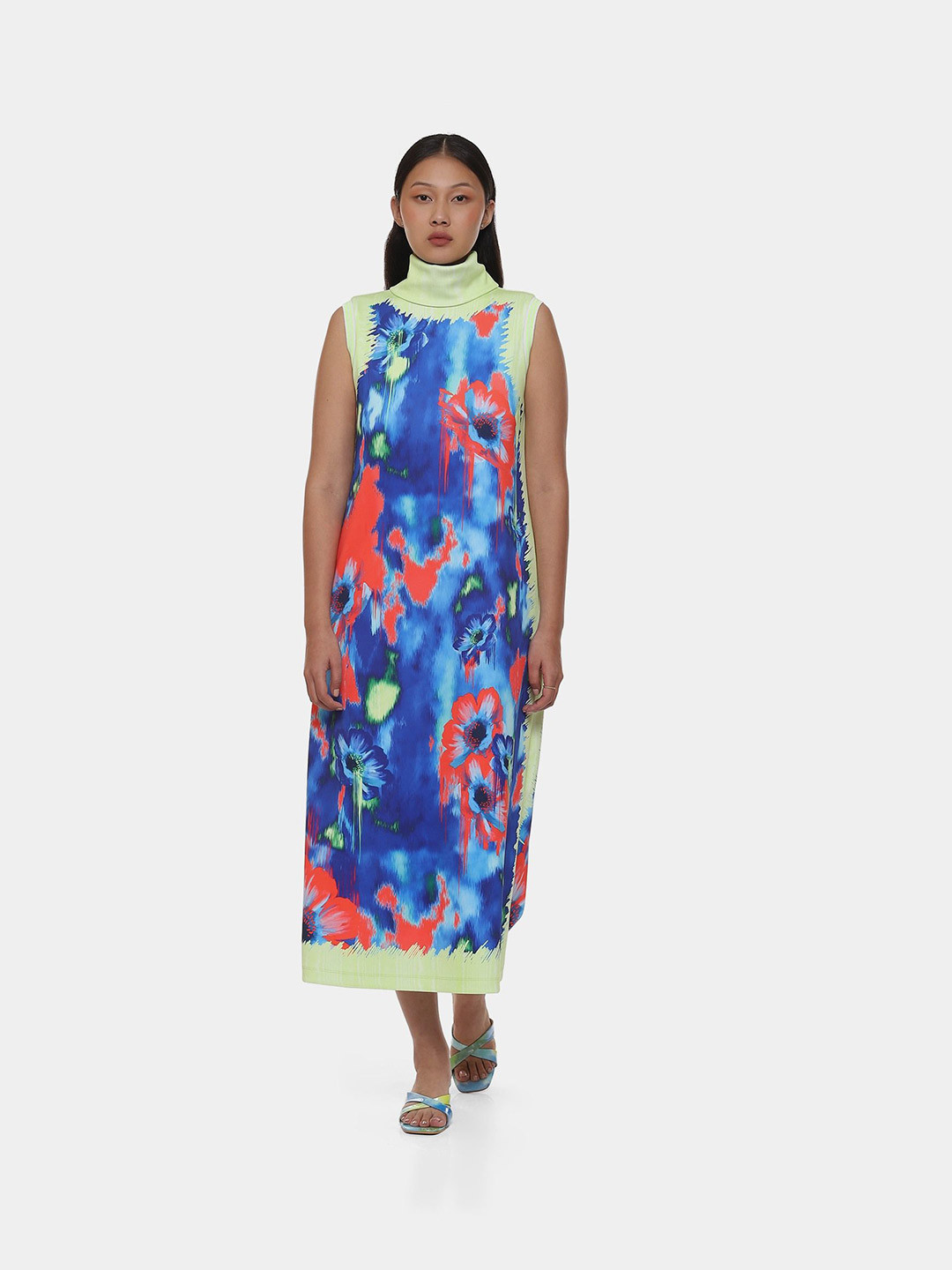Satya Paul Floral Printed High Neck Sleeveless Scuba Sheath Midi Dress
