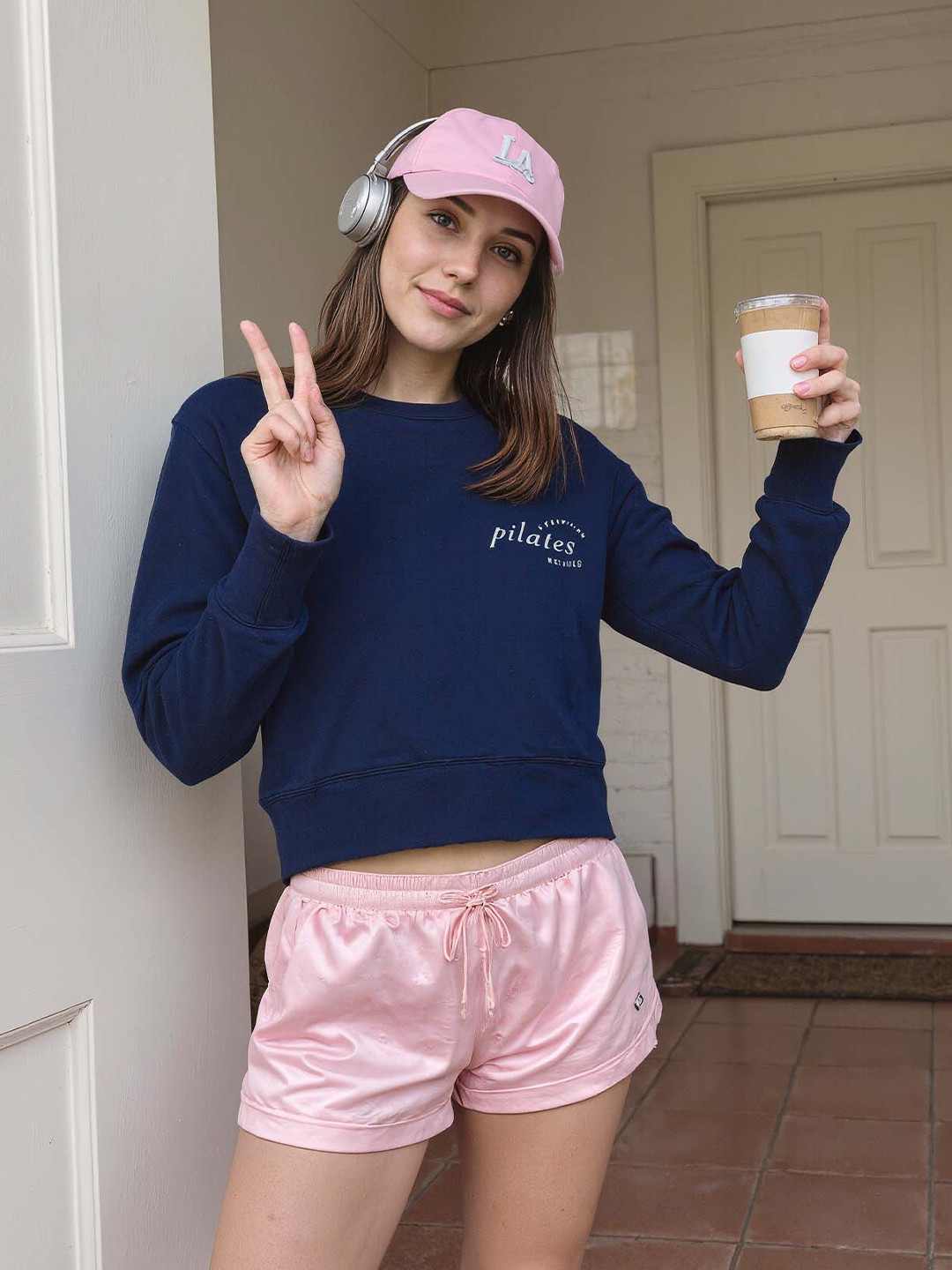 CAVA Women Navy Pilates Club Cropped Cotton Sweatshirt with Thumbholes