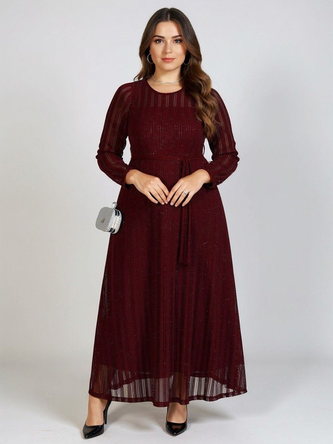 DressBerry Curve Women Self Design Embellished Round Neck Regular Sleeves Maxi Dress
