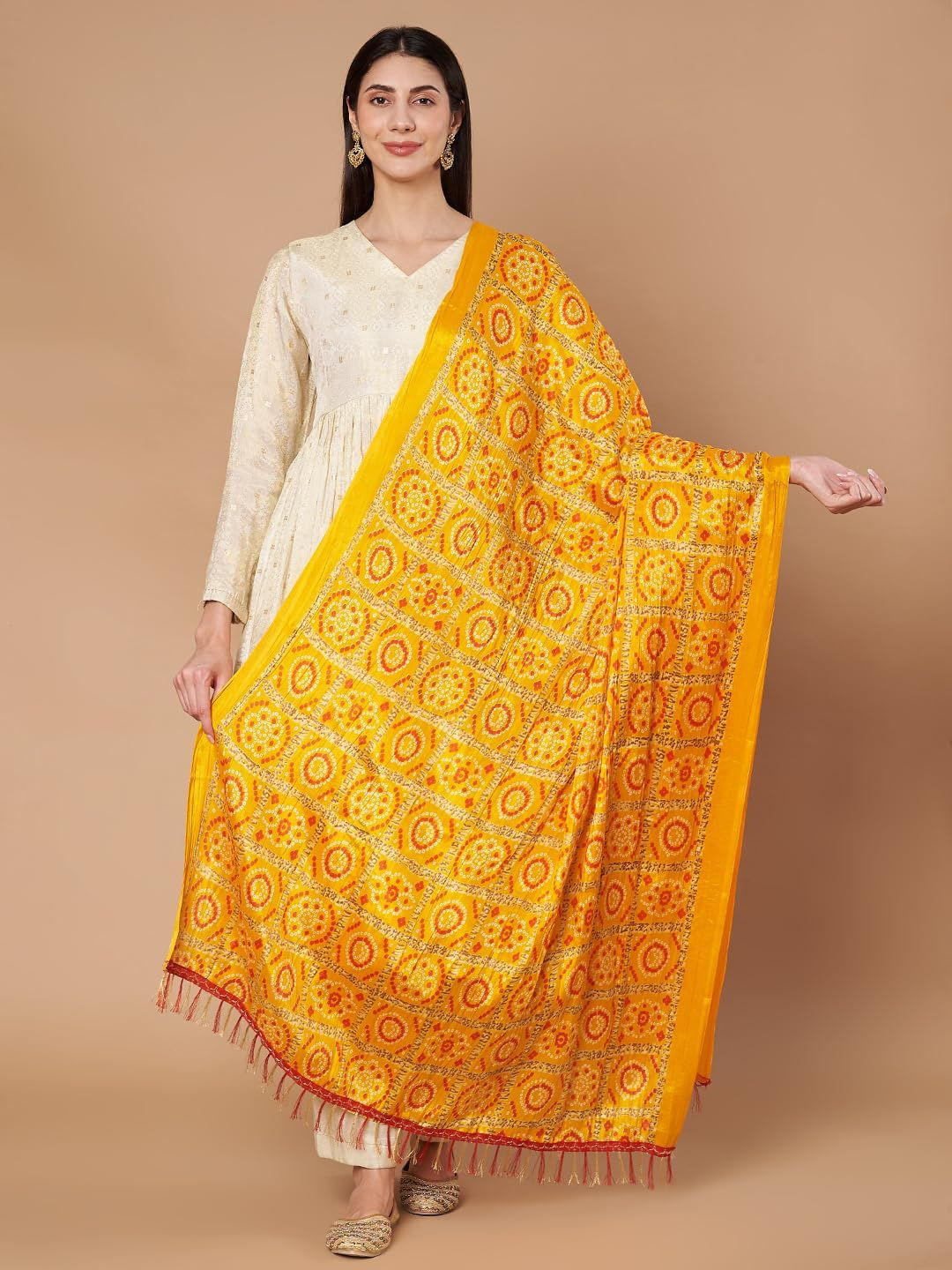 AKSHADEEP Bandhani Printed Dupatta With Tassels
