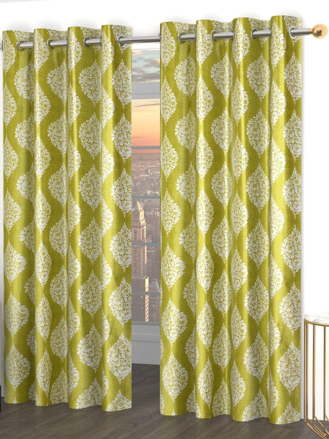 GEET CREATIONS Softy-Damas Green & White 2 Pieces Printed Room Darkening Window Curtains