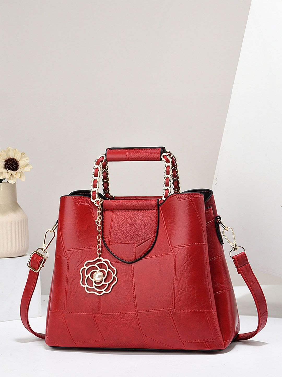 StyleCast Textured Structured Flower Charm Handheld Bag