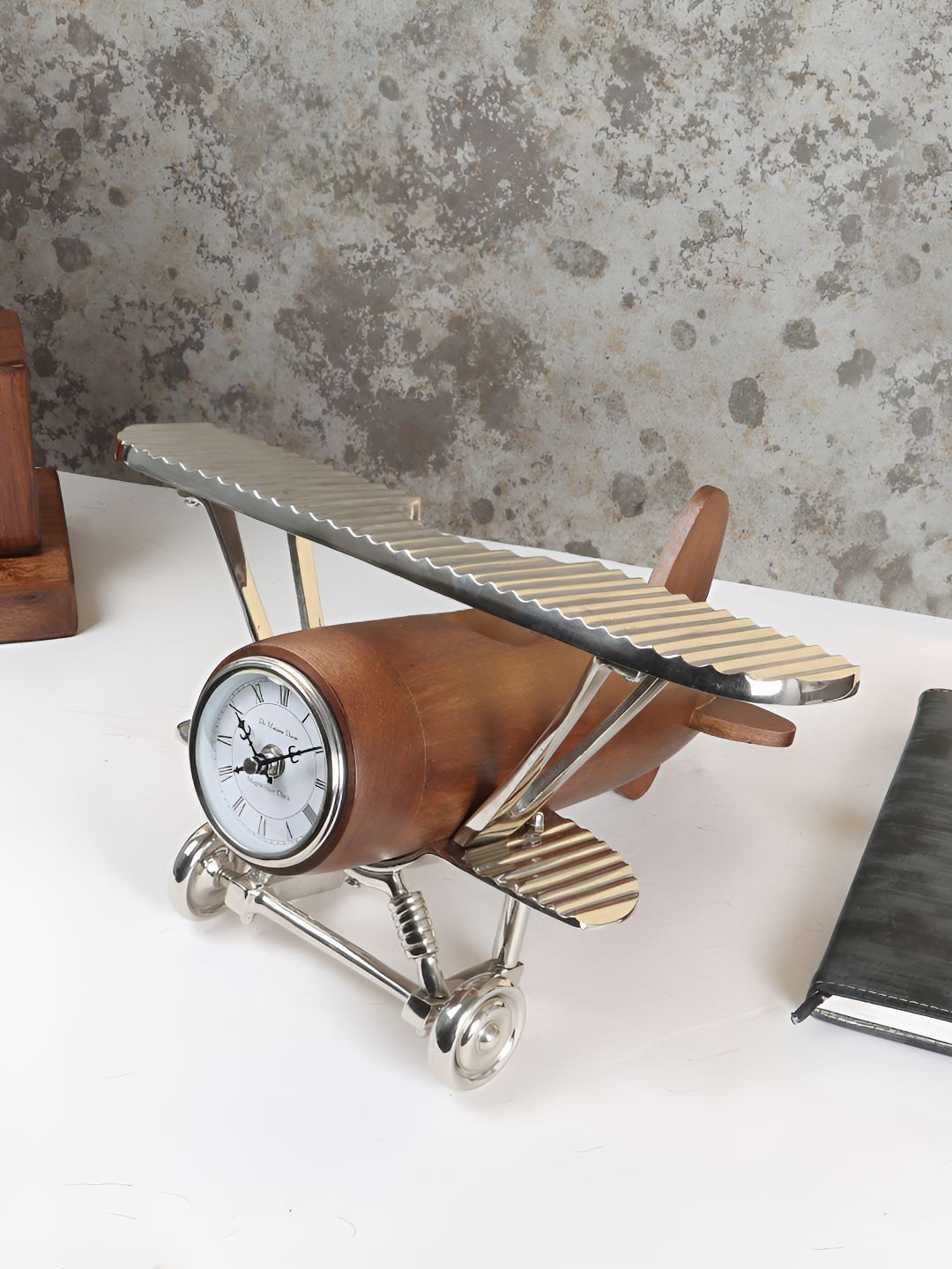 Decor de Maison Meridians Sentinel Silver-Toned & Brown Aeroplane Shaped Table Clock