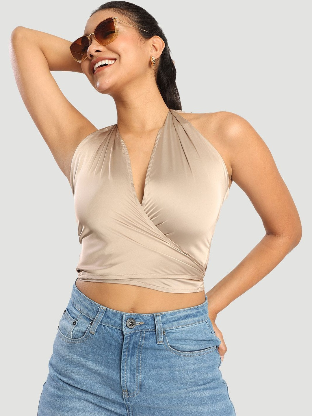 Bene Kleed Women Satin Solid Halter Neck Wrap Crop Top