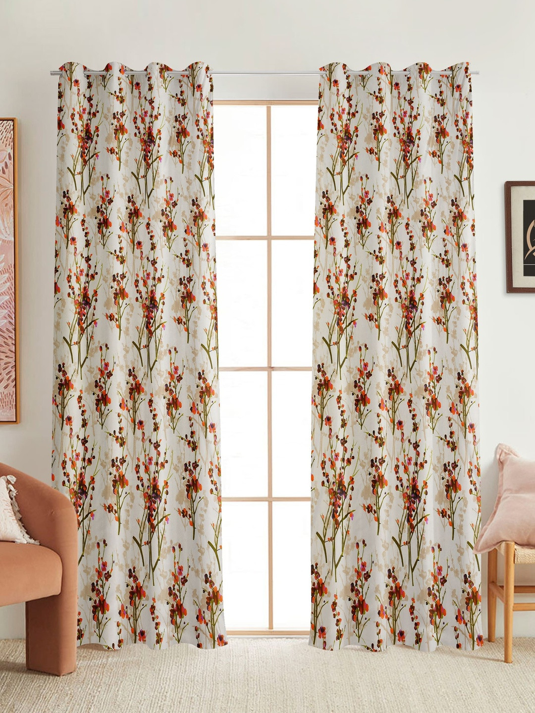 GEET CREATIONS Softy-Tulsi Orange Colored 2 Pieces Printed Room Darkening Window Curtains