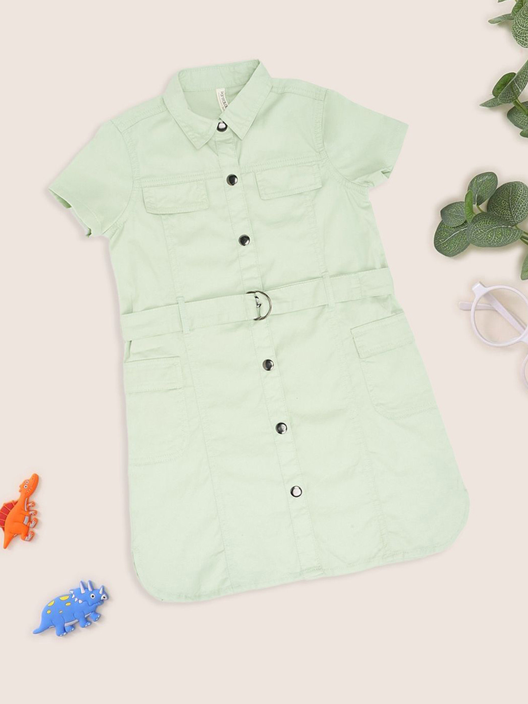 Pantaloons Junior Girls Belted Short Sleeves Shirt Collar Pure Cotton Shirt Dress