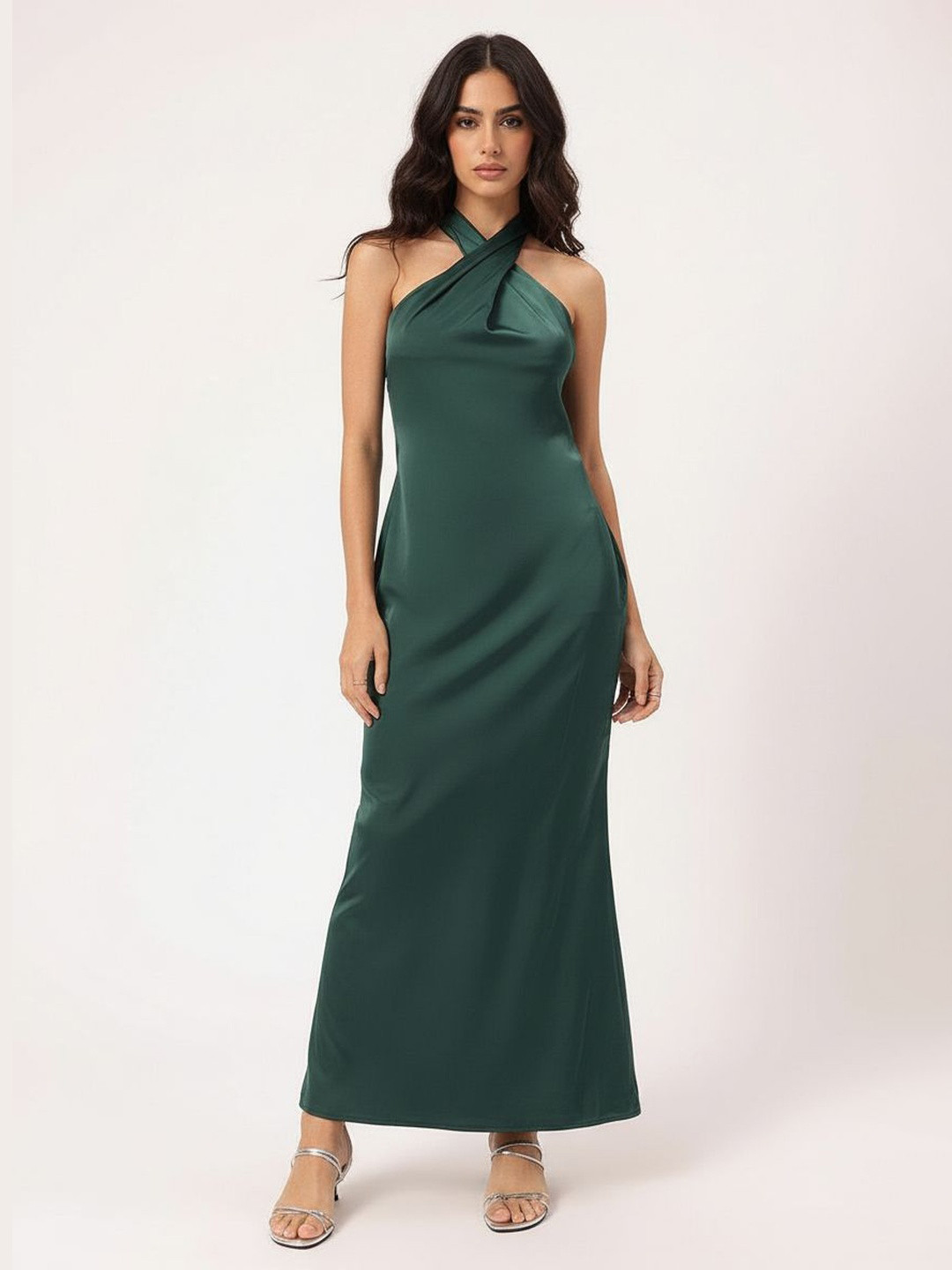 DressBerry Luxe Luster Halter Neck Satin-Finish Maxi Sheath Dress