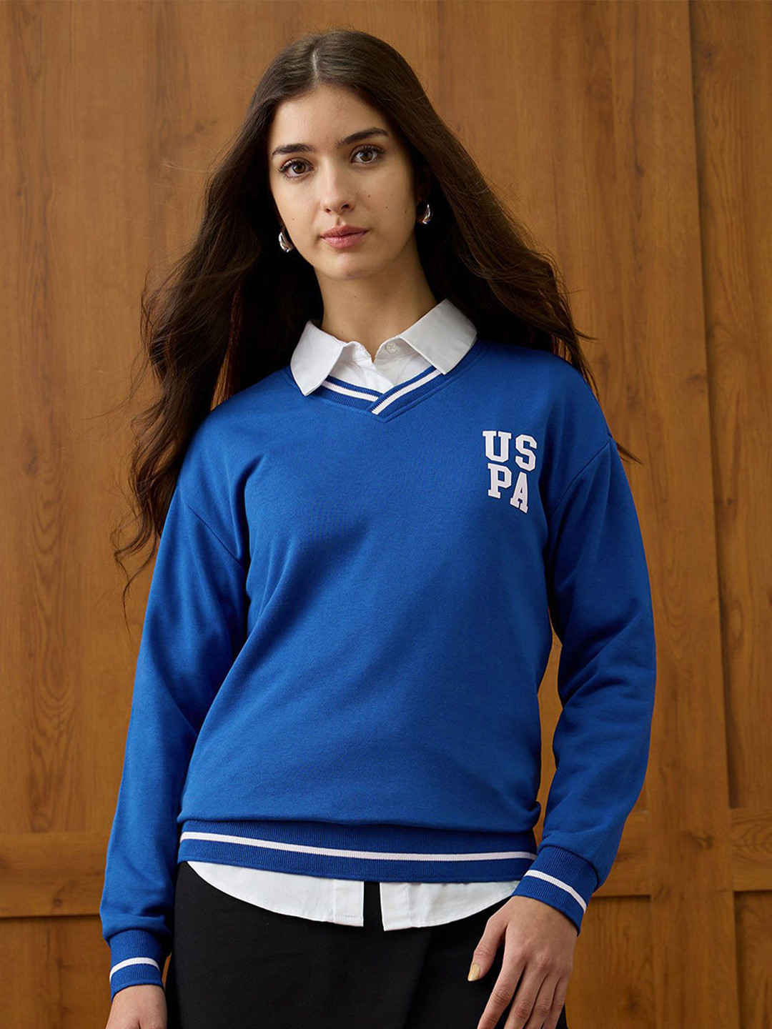 U.S. Polo Assn. Women V-Neck Brand Logo Printed Sweatshirt