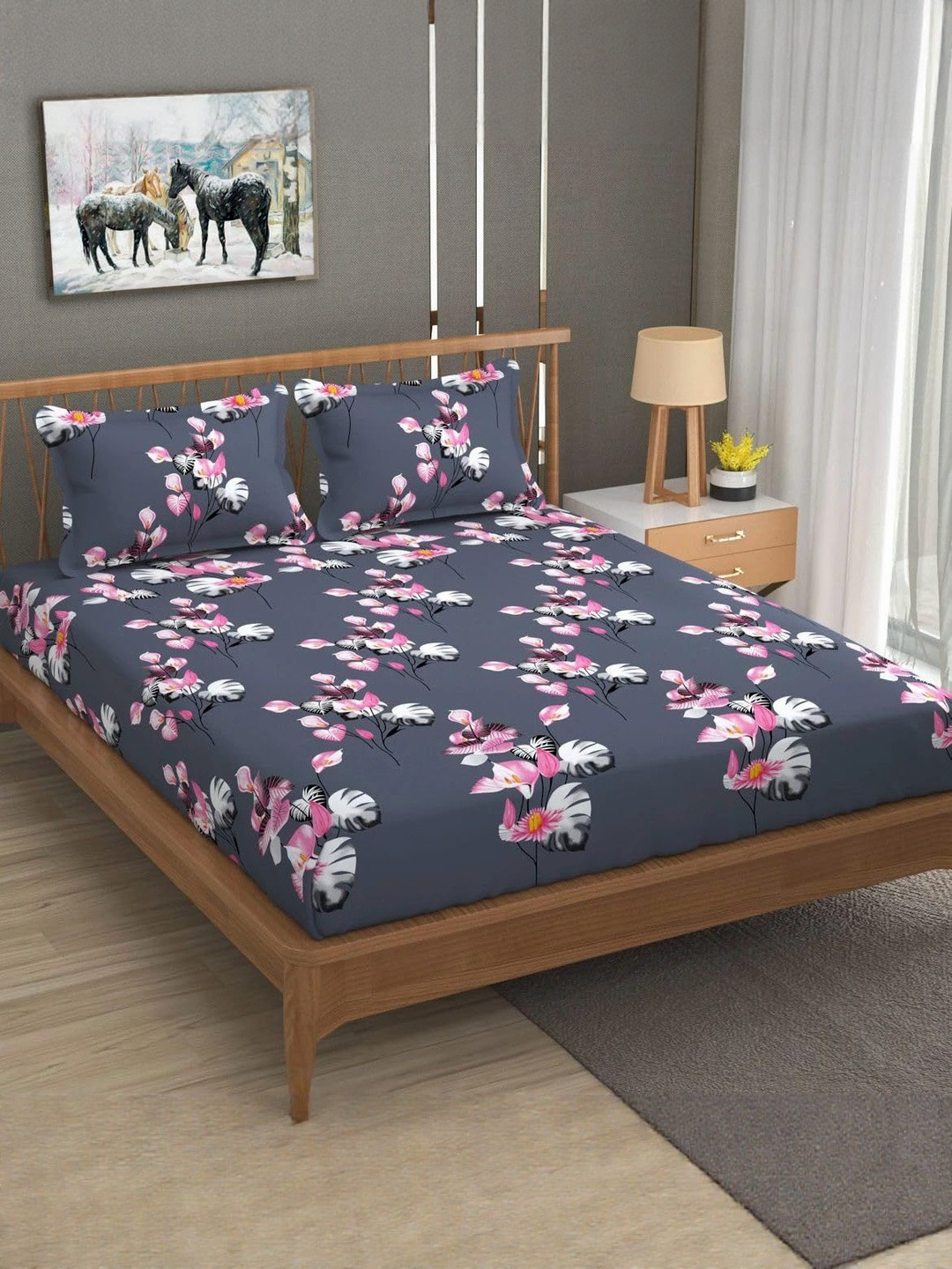 NEW TOWN Grey Floral Print 210 TC Cotton Queen Bedsheet With 2 Pillow Covers