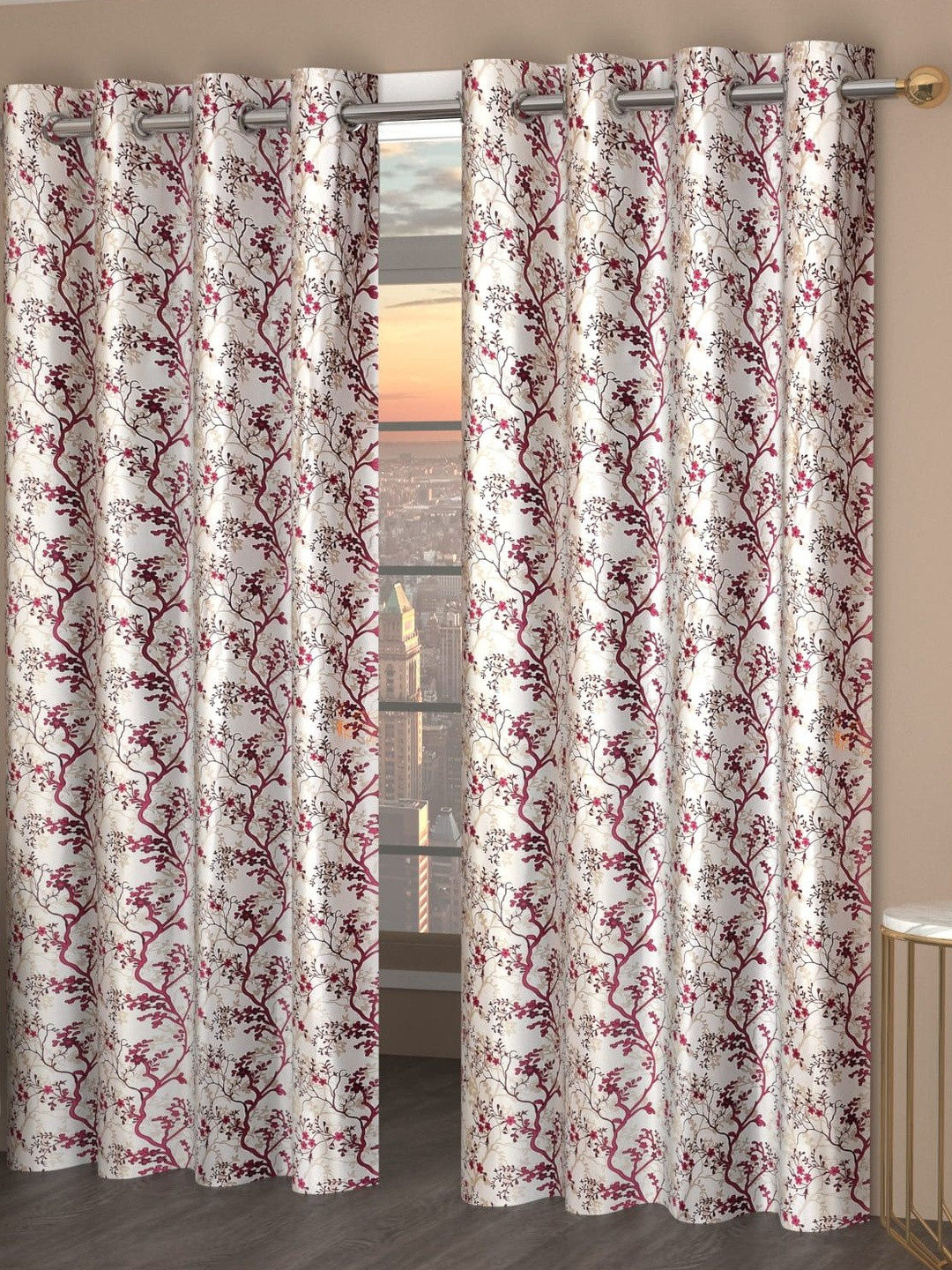 GEET CREATIONS Softy-Silmili Maroon 2 Pieces Printed Room Darkening Window Curtains