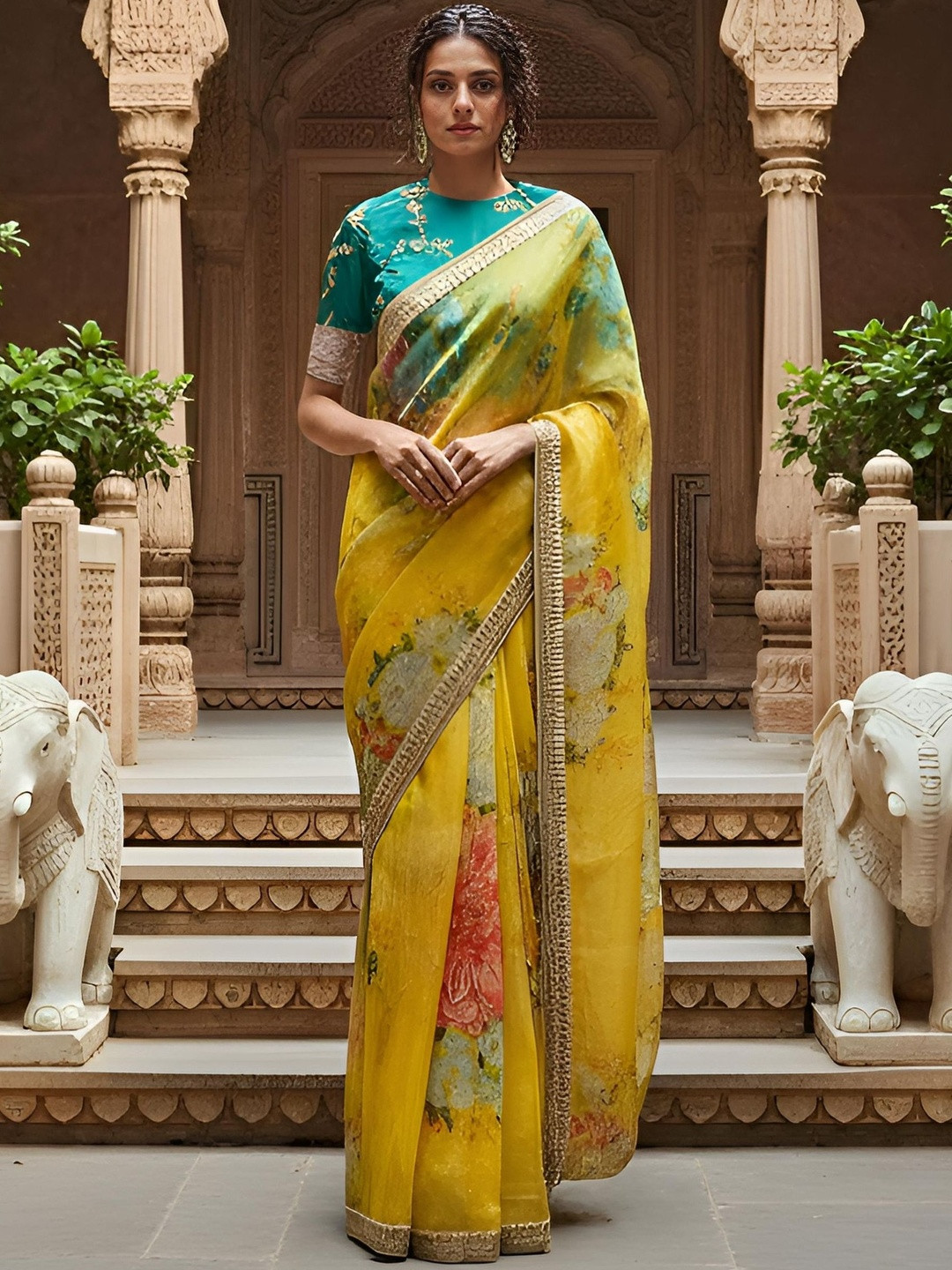 FABPIXEL Floral Printed with Embroidered Work Organza Saree with Blouse Piece