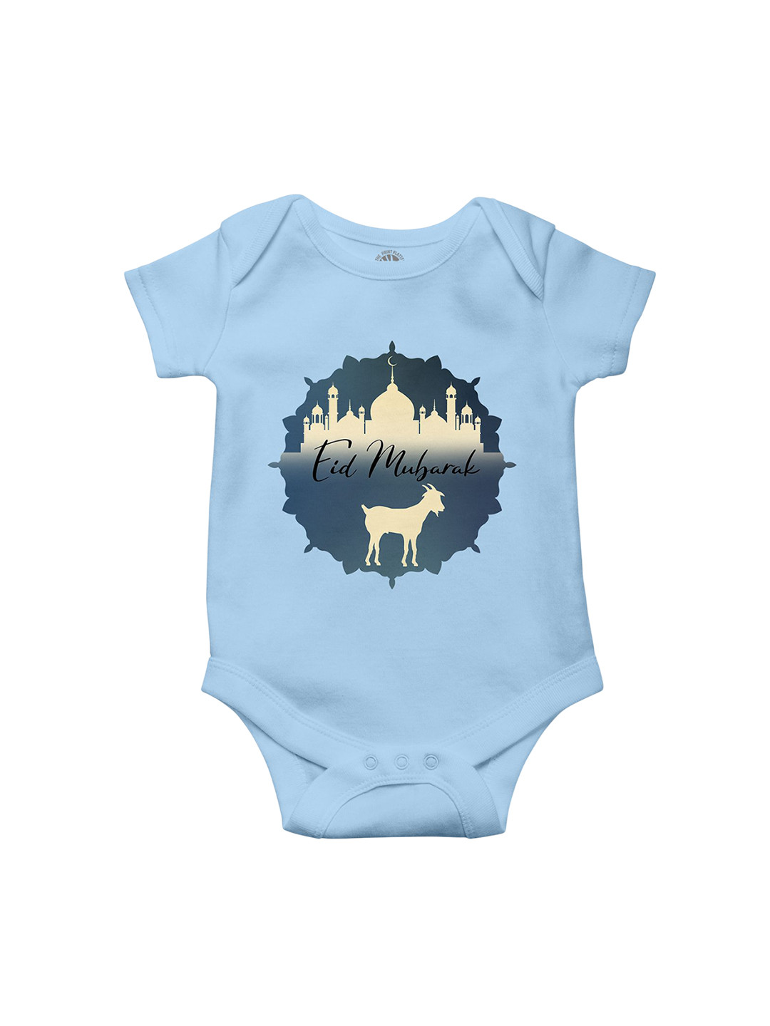 THE PRINT PLATTER Infants Eid Mubarak Printed Envelope Neck Short Sleeves Cotton Bodysuit