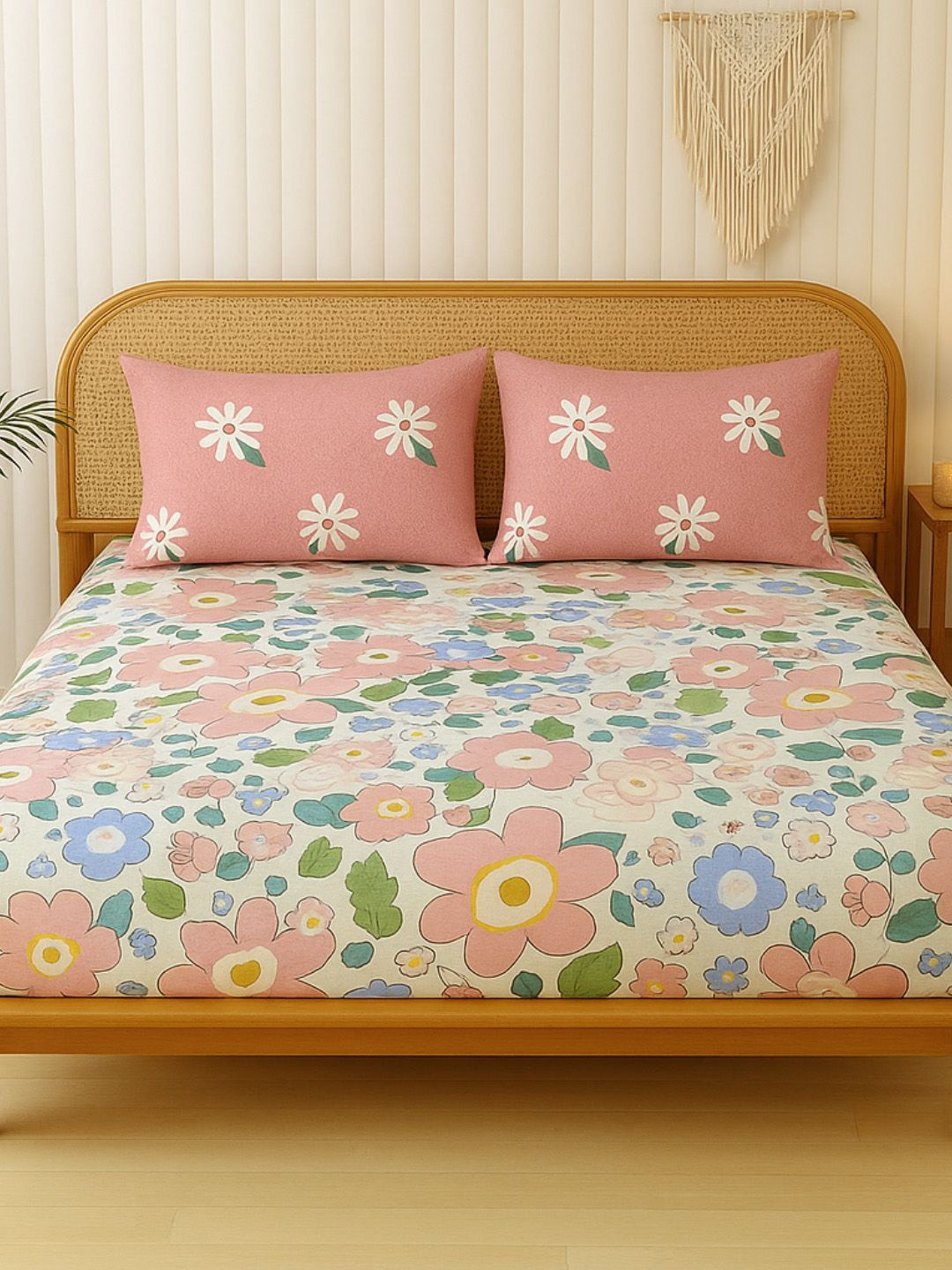 bsb home Pink & Blue Floral Microfiber 144 TC Double Queen Bedsheet Set-2.28 m x 2.28 m