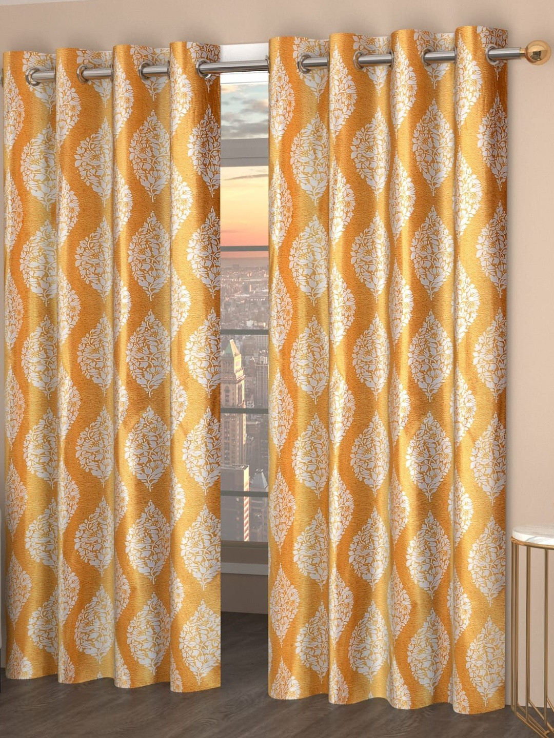 GEET CREATIONS Softy-Damas Gold-Toned 2 Pieces Printed Room Darkening Window Curtains