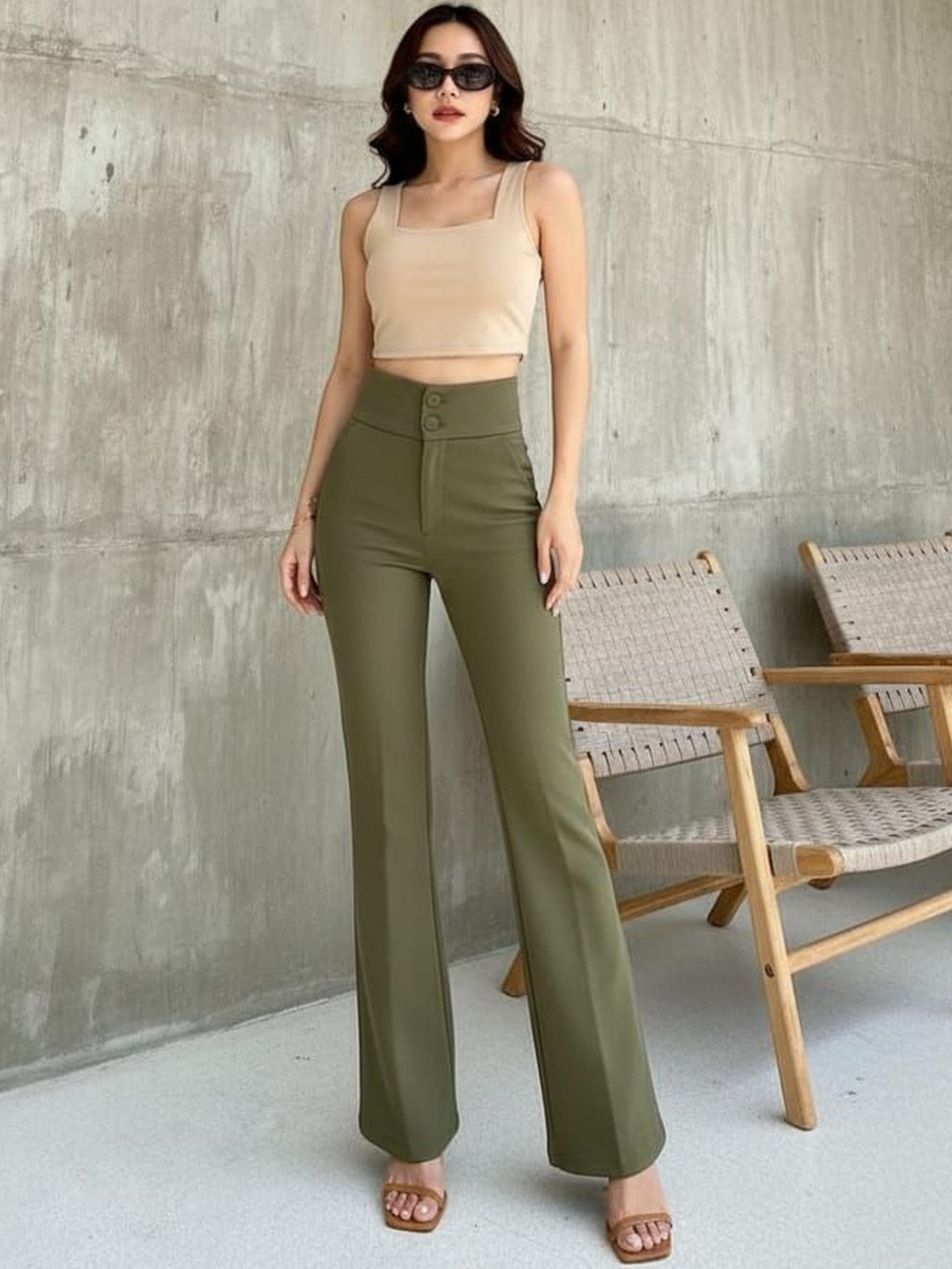 HIGH BUY Women Solid Tailored High-Rise Bootcut Cotton Korean Pant Trouser