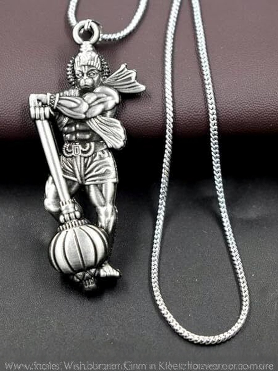 MK gallery Stainless Steel Silver-Plated Oxidised Hanuman ji Pendant With Chains