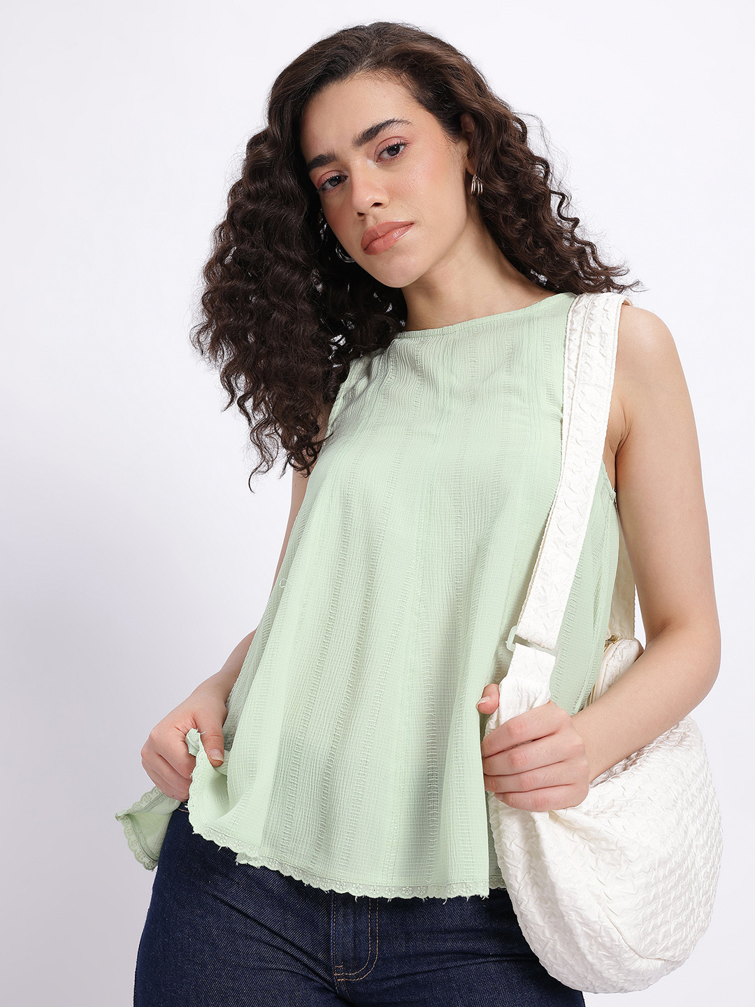 glitchez Self-Striped Round Neck Top With lace Inserts