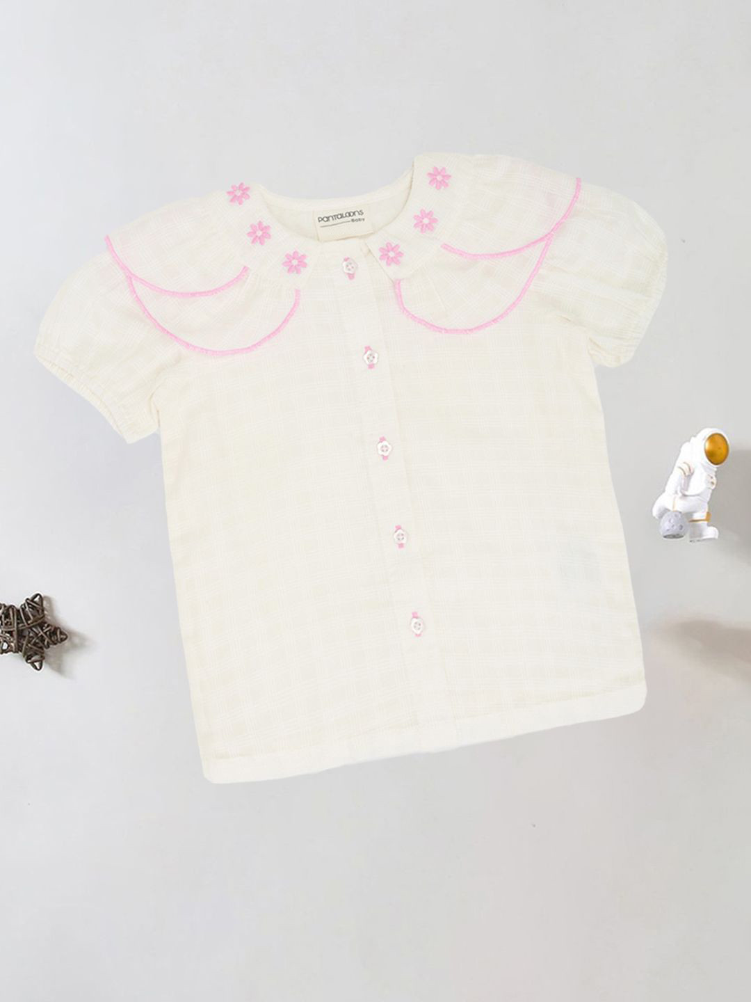 Pantaloons Baby Kida White Cotton  Round Neck Short Sleeves Top