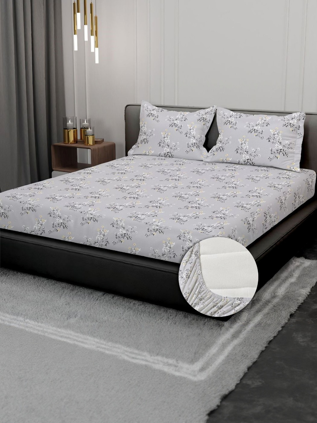 kurry home furnishing Grey & White Floral 300 TC Cotton Bedsheet with 2 Pillow Covers