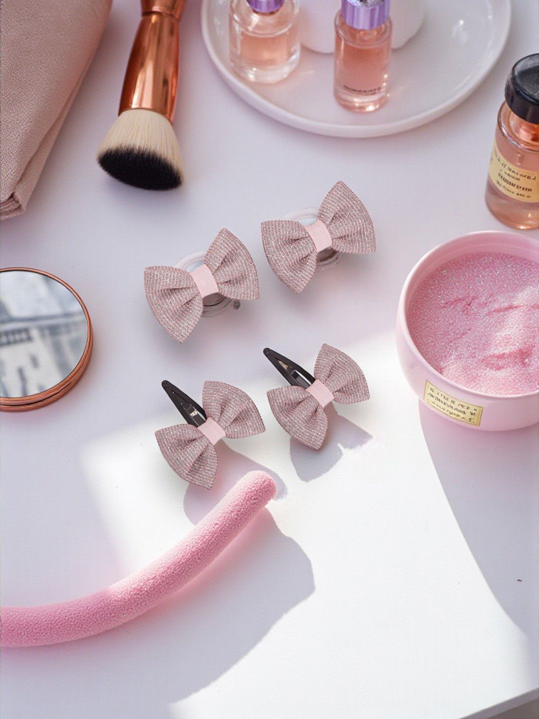 Ribbon Candy Set of Shiny Party Bow Rubber Bands & Snap Clip