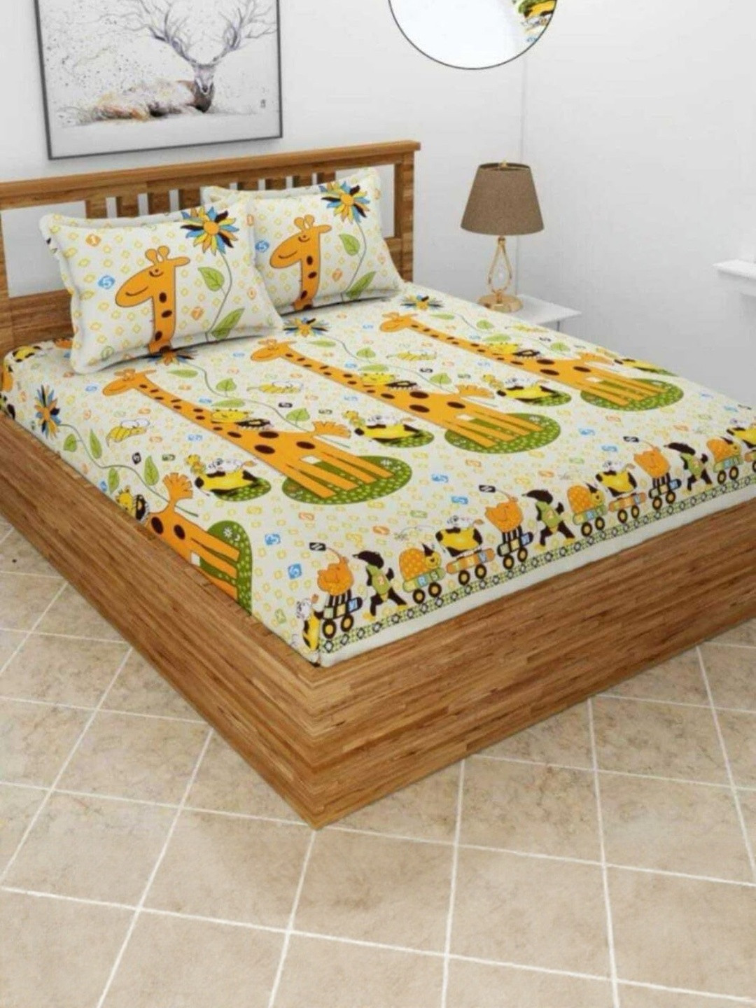 NEW TOWN Yellow & Green Cartoon Characters 210 TC Queen Bedsheet with 2 Pillow Covers