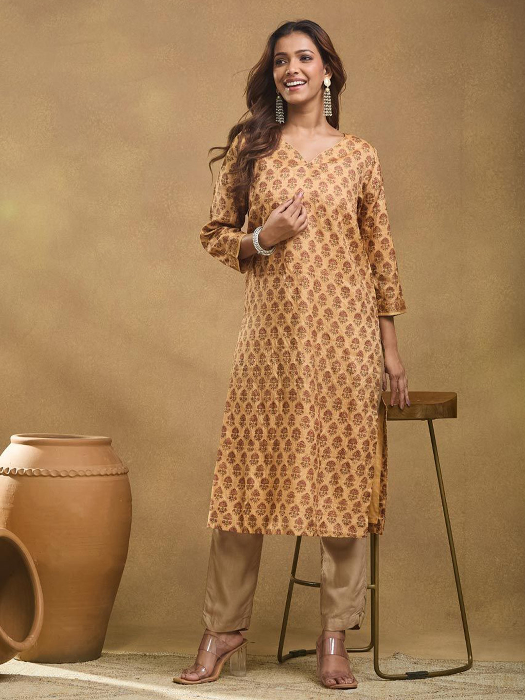 Fabindia Women Floral Printed Block Print Daily Silk Straight Kurta