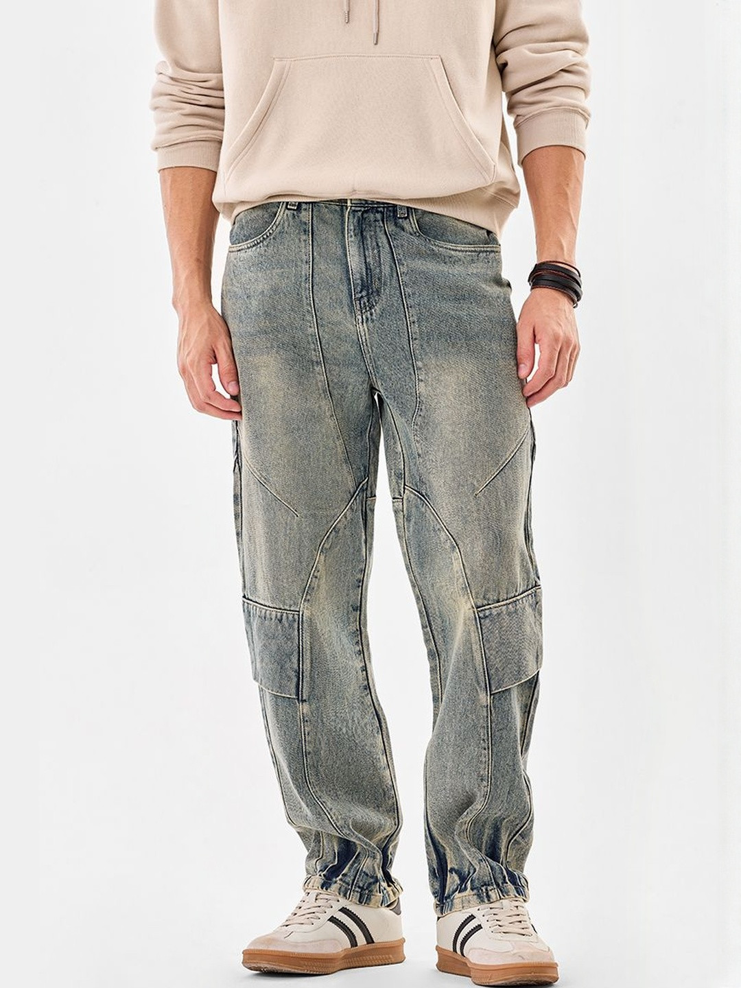 Snitch Men Faded Cargo Button and Zip Regular Fit Cropped Styles Jeans