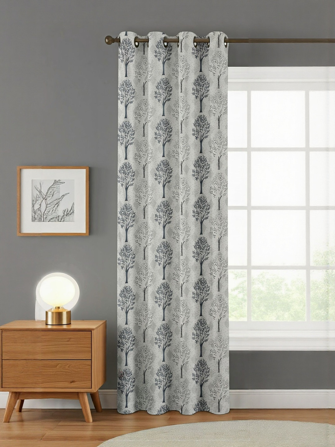 GEET CREATIONS Sprit-Vat Grey & White Floral Printed Room Darkening Long Door Curtain
