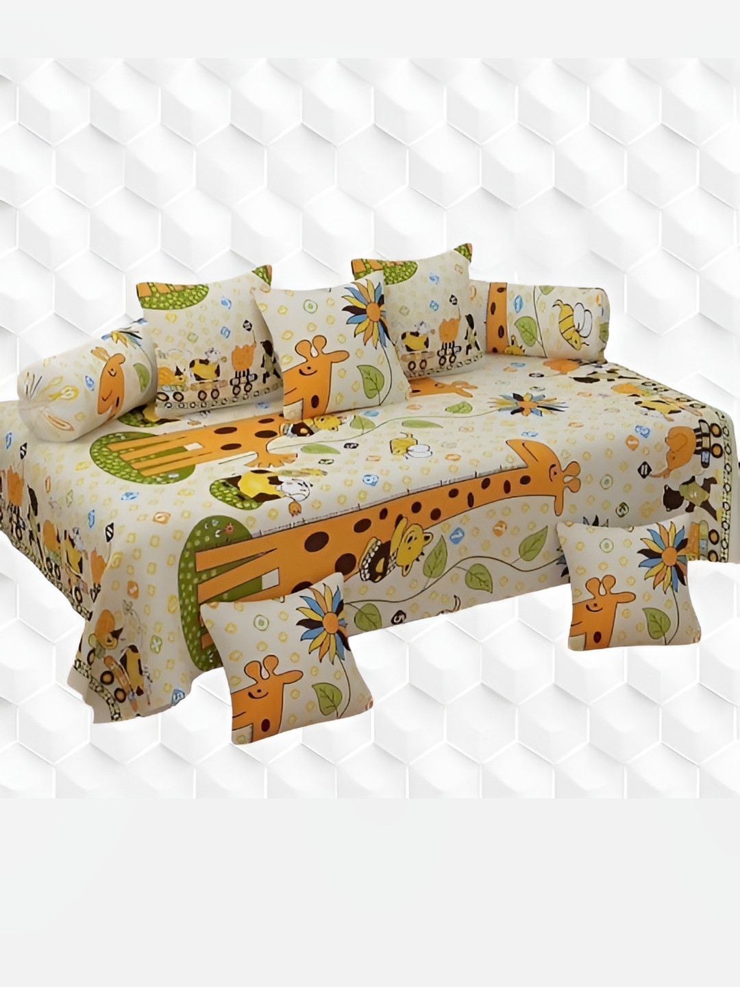 WELLNEST Set Of 8 Beige & White Grafie Printed Diwan Set