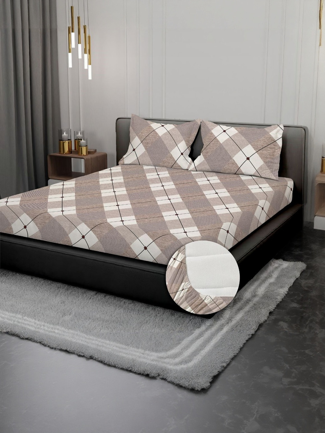 kurry home furnishing Brown & White Geometric 300 TC Cotton Bedsheet with 2 Pillow Covers