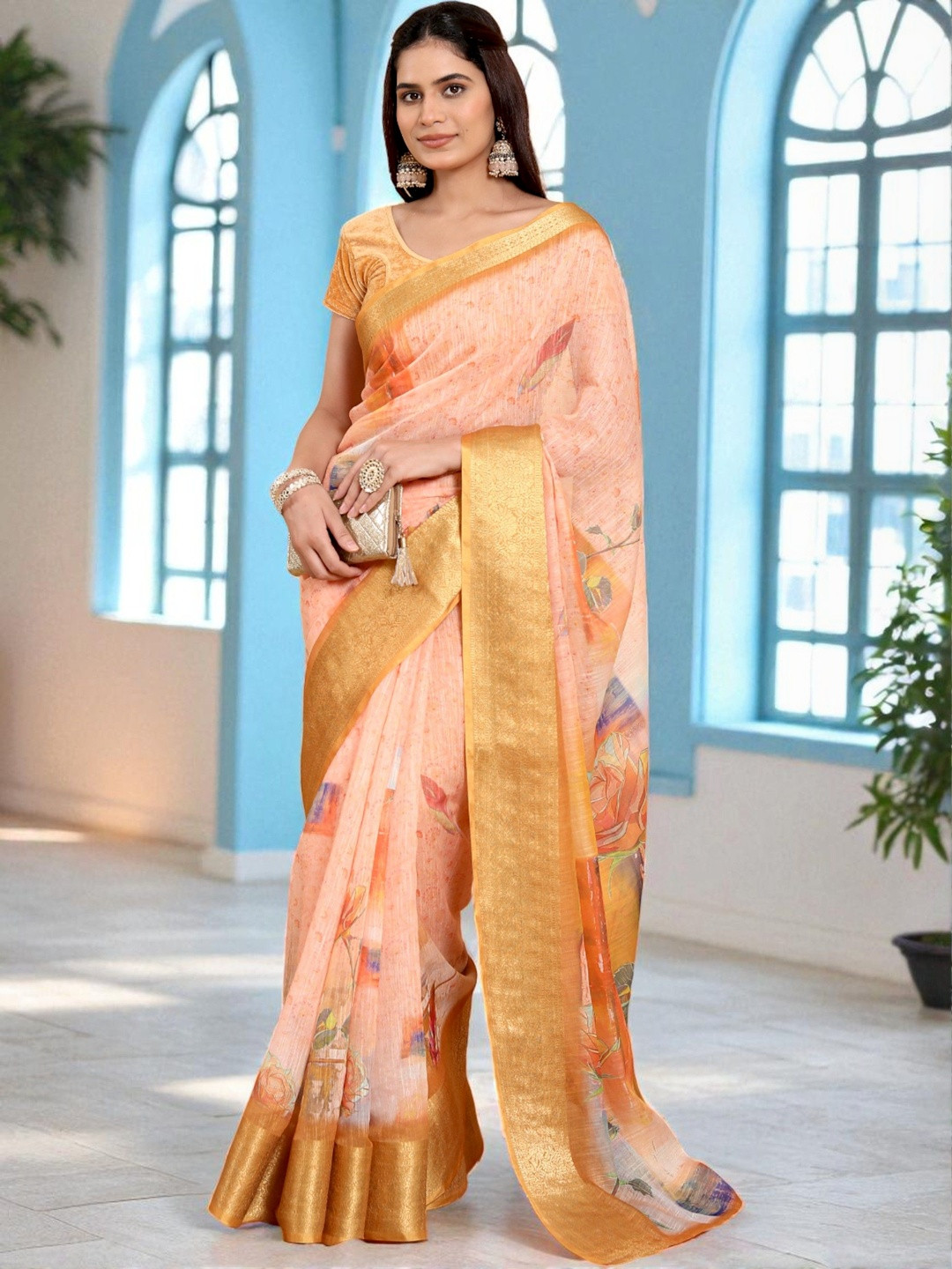 MORDEN MUSE Floral Printed Zari Saree With Woven Design Border With Blouse Piece