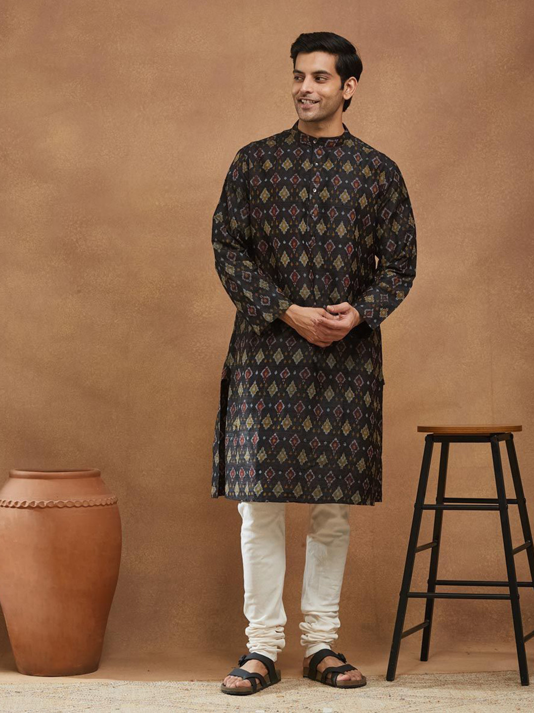 Fabindia Men Ethnic Motifs Printed Ikat Festive Silk Straight Kurta