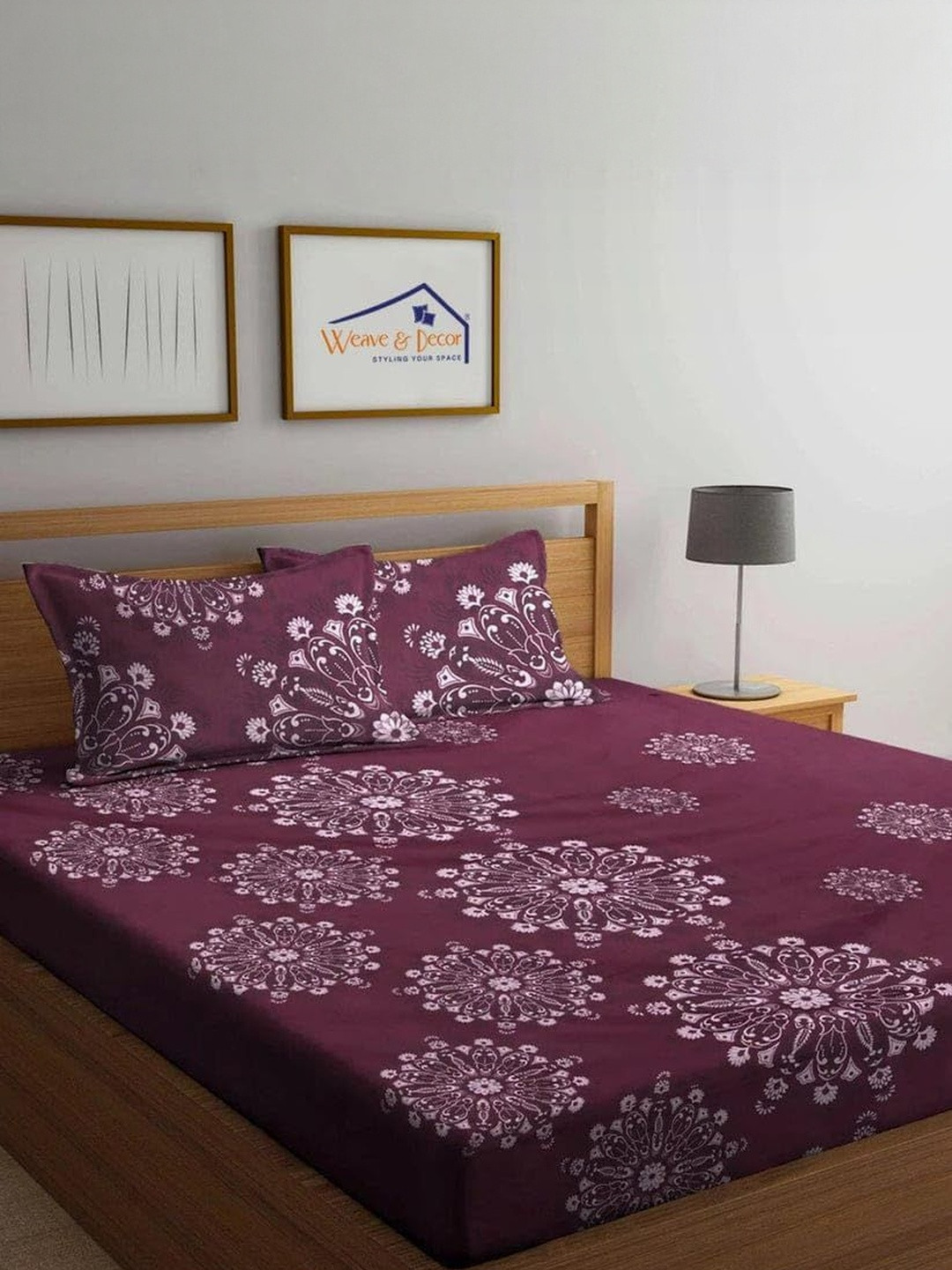 NEW TOWN Purple & White Ethnic Motifs 210 TC Queen Size Bedsheet with 2 Pillow Covers