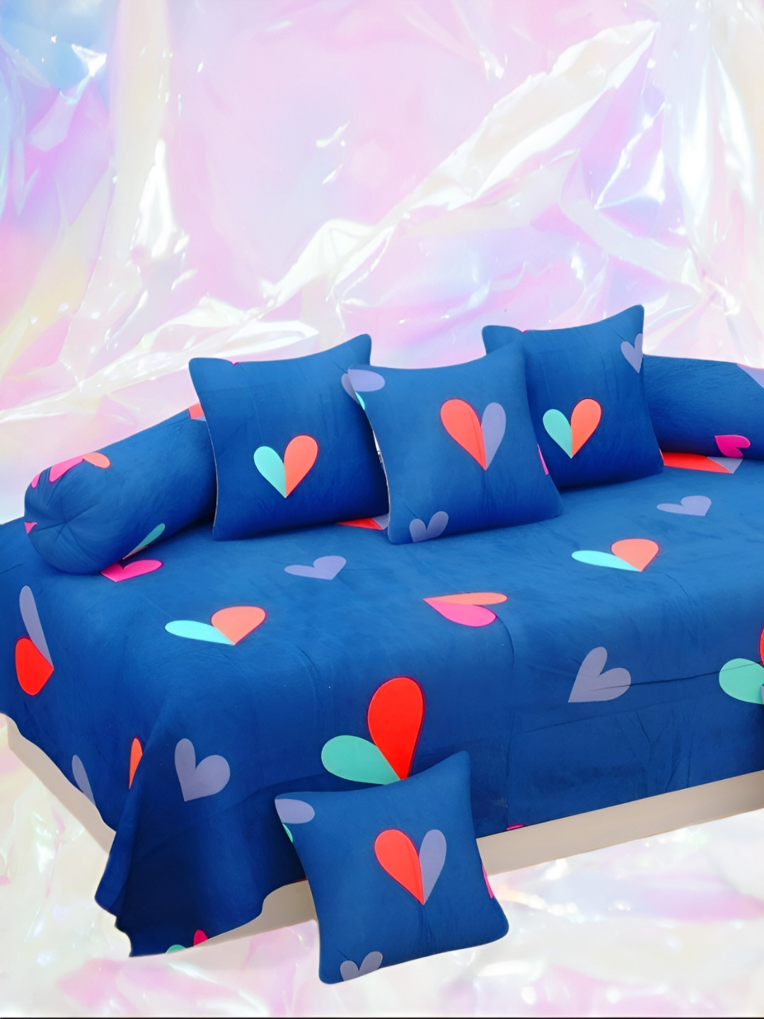 WELLNEST 8Pcs Blue & Red Heart Printed Cotton Diwan Set