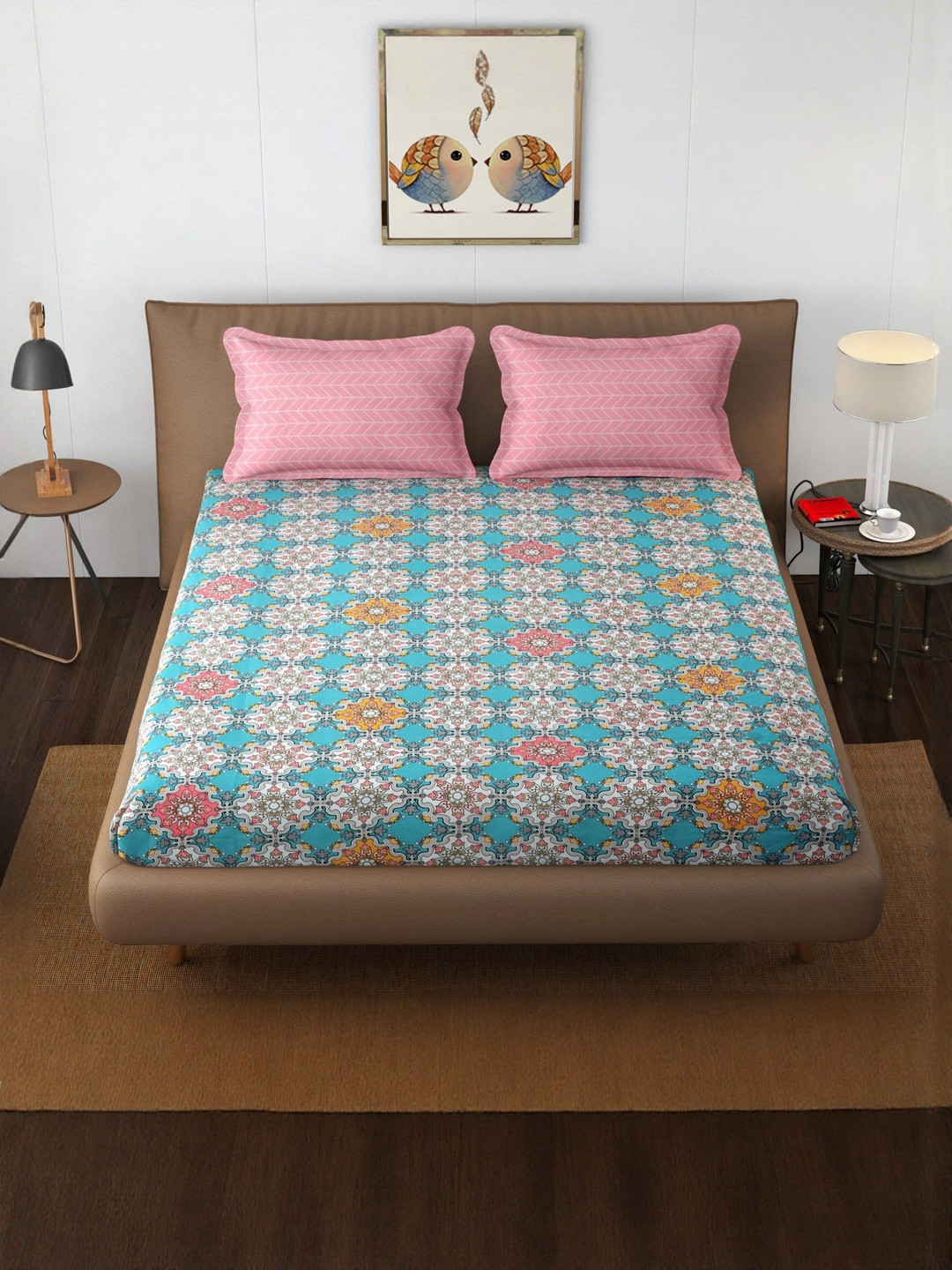 TINDLER KNOTS Blue & White Ethnic Motifs 300 TC King Bedsheet with 2 Pillow Covers