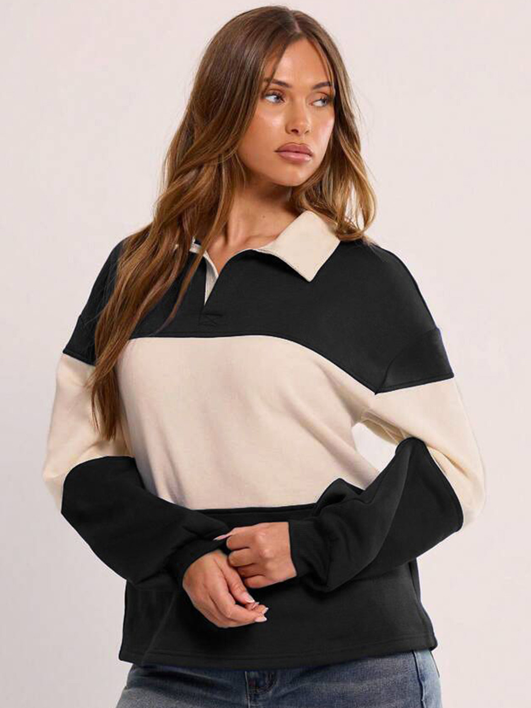 The Roadster Lifestyle Co Color-Blocked Oversized Collared Sweatshirt