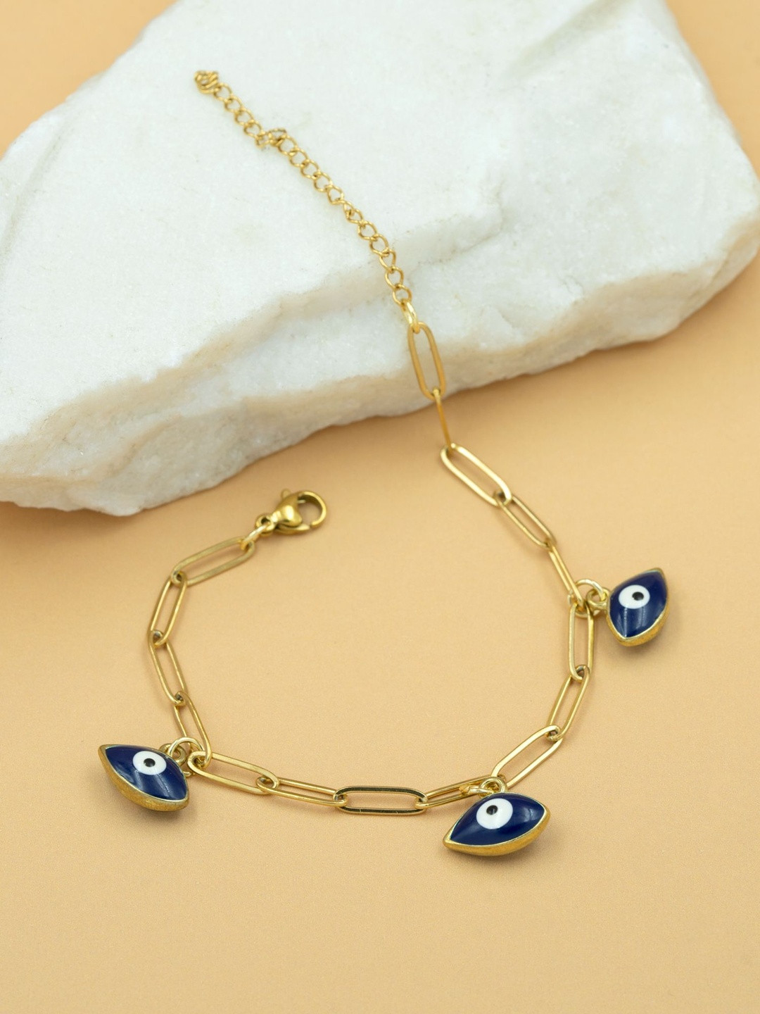 ARTKLIM Stainless Steel Gold-Plated Anti Tarnish Blue Evil Eye Chain Wraparound Bracelet